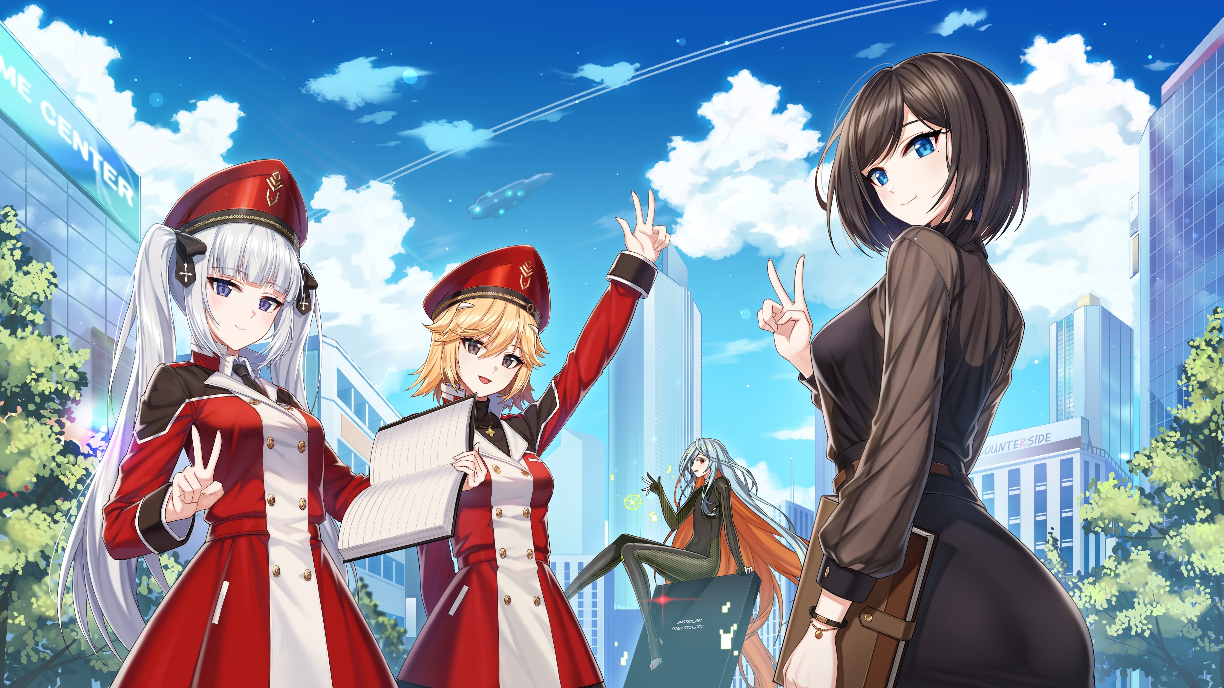 Anime 4096x2304 anime anime girls arms up victory sign hand gesture hat blue eyes brunette group of women women quartet