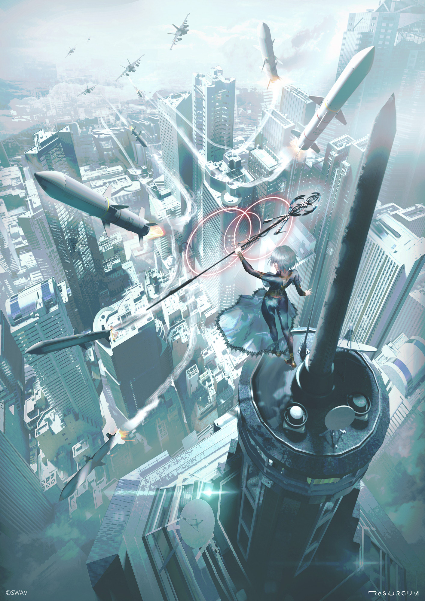 Anime 1414x2000 anime anime girls SWAV artwork cityscape jet fighter missiles