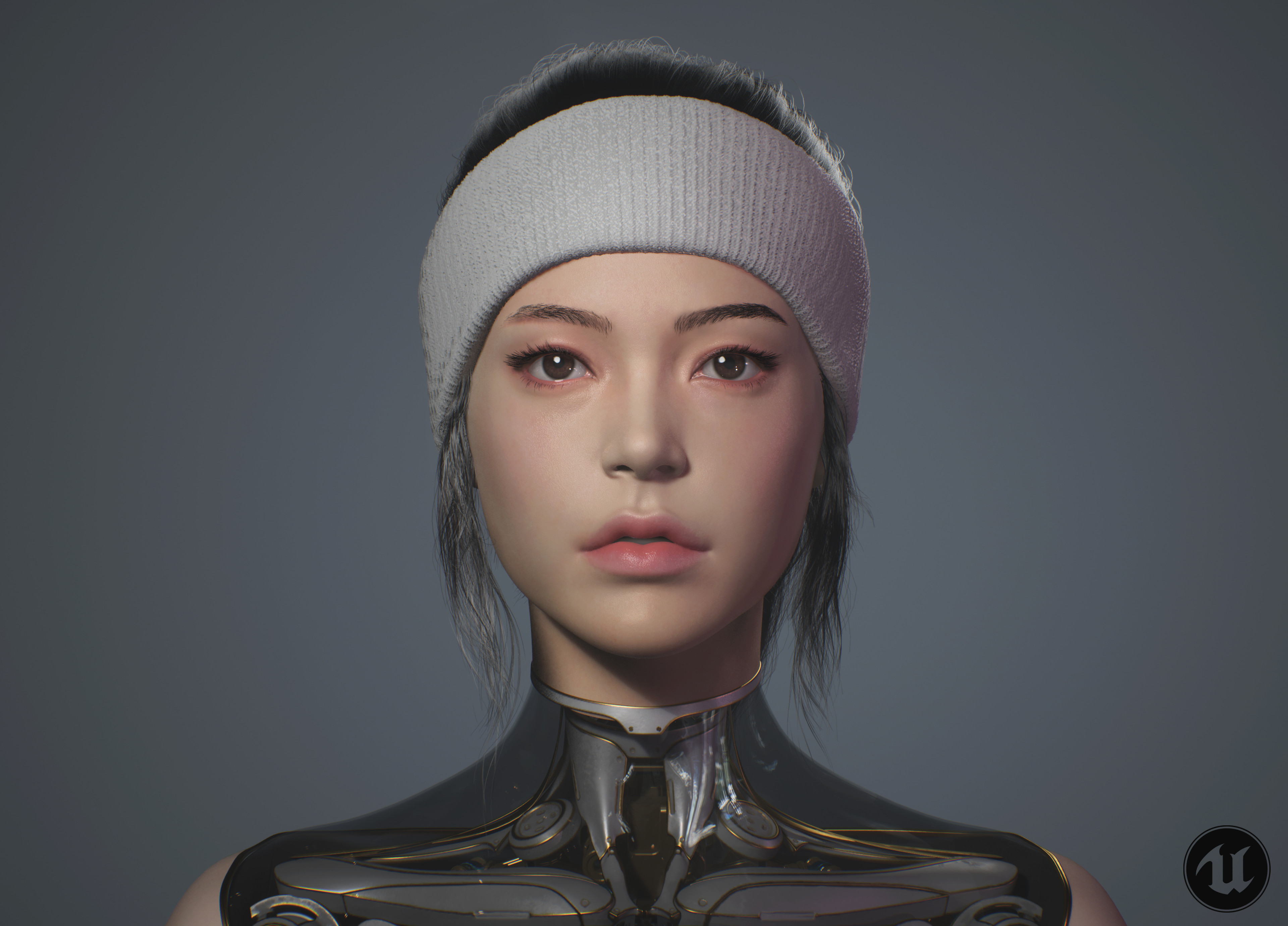 General 3840x2761 women Asian CGI digital art gray background simple background face portrait machine cyborg