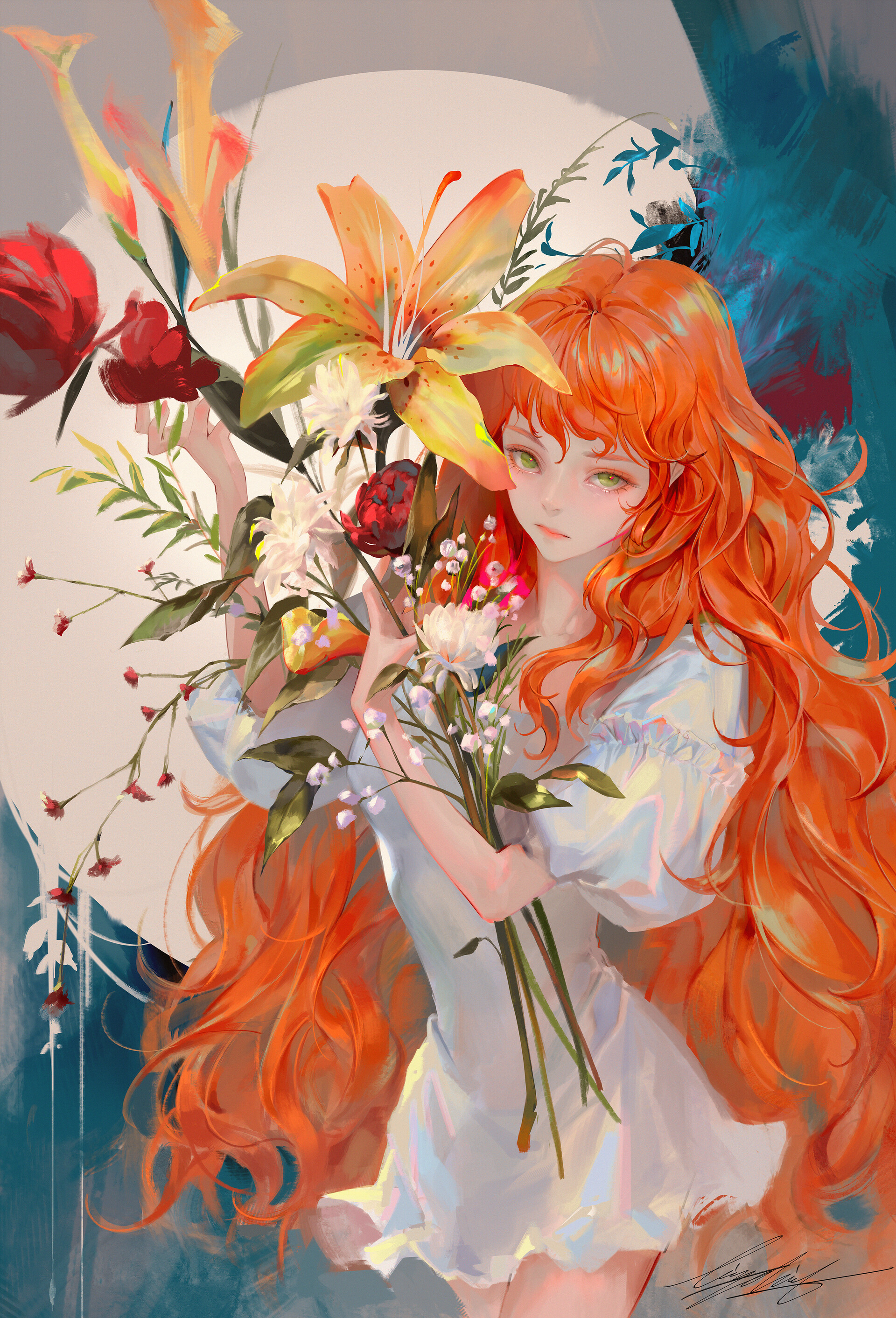Anime 1920x2824 anime anime girls long hair looking at viewer flowers plants Liz Son green eyes fantasy art fantasy girl redhead