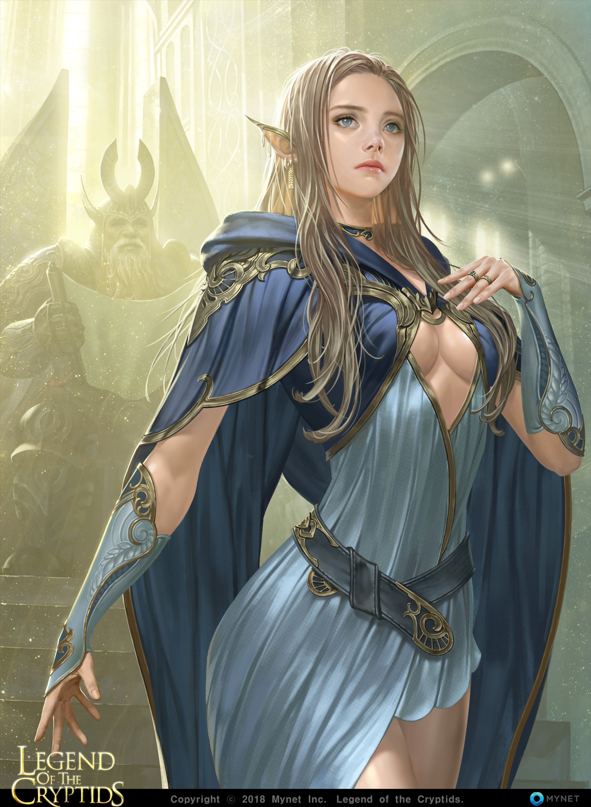 General 1200x1637 Donfoo drawing women elves blonde looking away blue eyes cape mantle cleavage dress blue clothing stairs Legend of the Cryptids