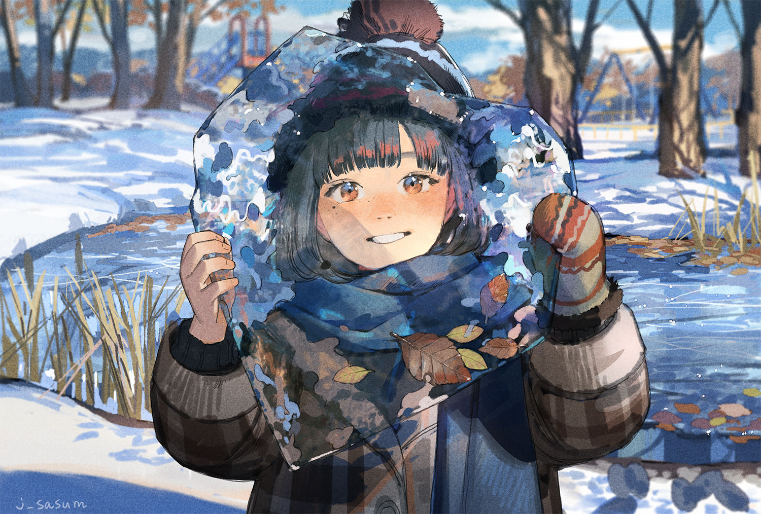 Anime 1500x1014 anime anime girls winter snow trees leaves ice dark hair long hair mittens smiling orange eyes scarf swings lake Sasumata Jirou