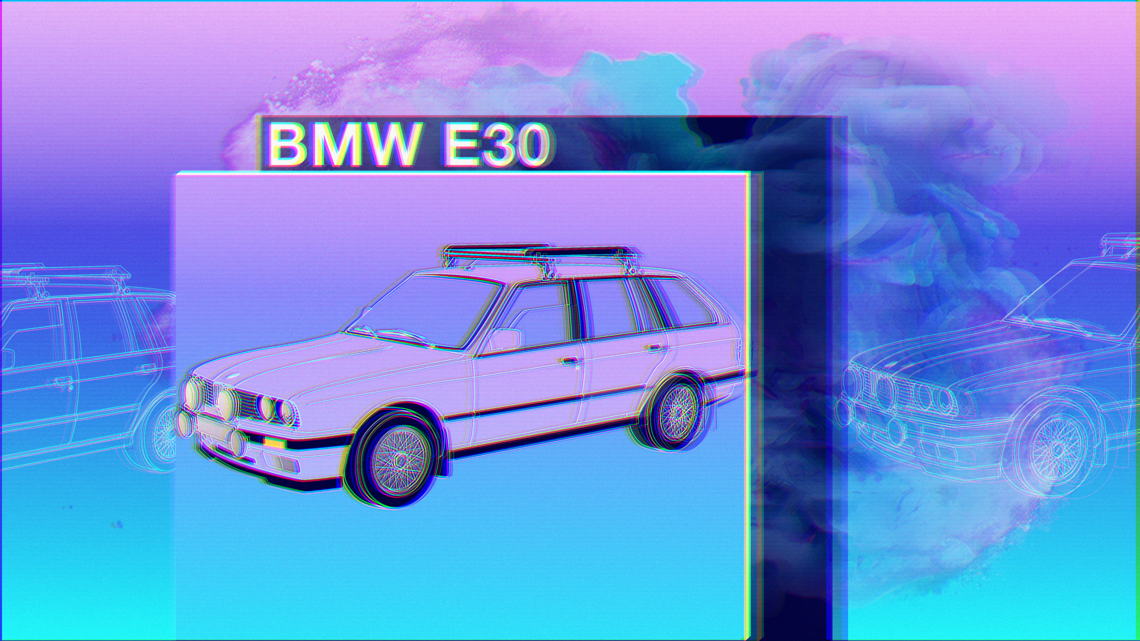 General 3850x2166 BMW BMW E30 vaporwave glitch art car BMW 3 Series station wagon sketches diplopia cyan