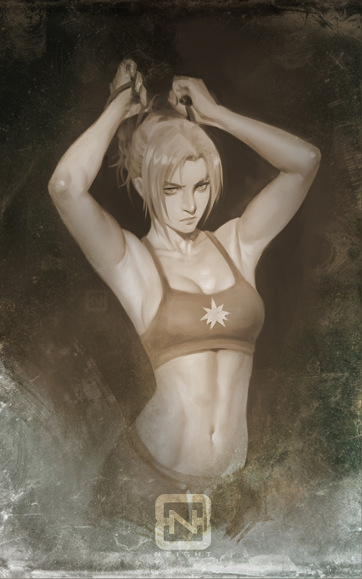 Anime 1200x1920 Shingeki no Kyojin cleavage curvy ecchi anime girls female soldier arms up sports bra muscles abs biceps 6-pack belly button looking at viewer 2D long hair Annie Leonhart monochrome anime portrait display tied hair belly bangs armpits alternate costume bare shoulders women indoors fan art