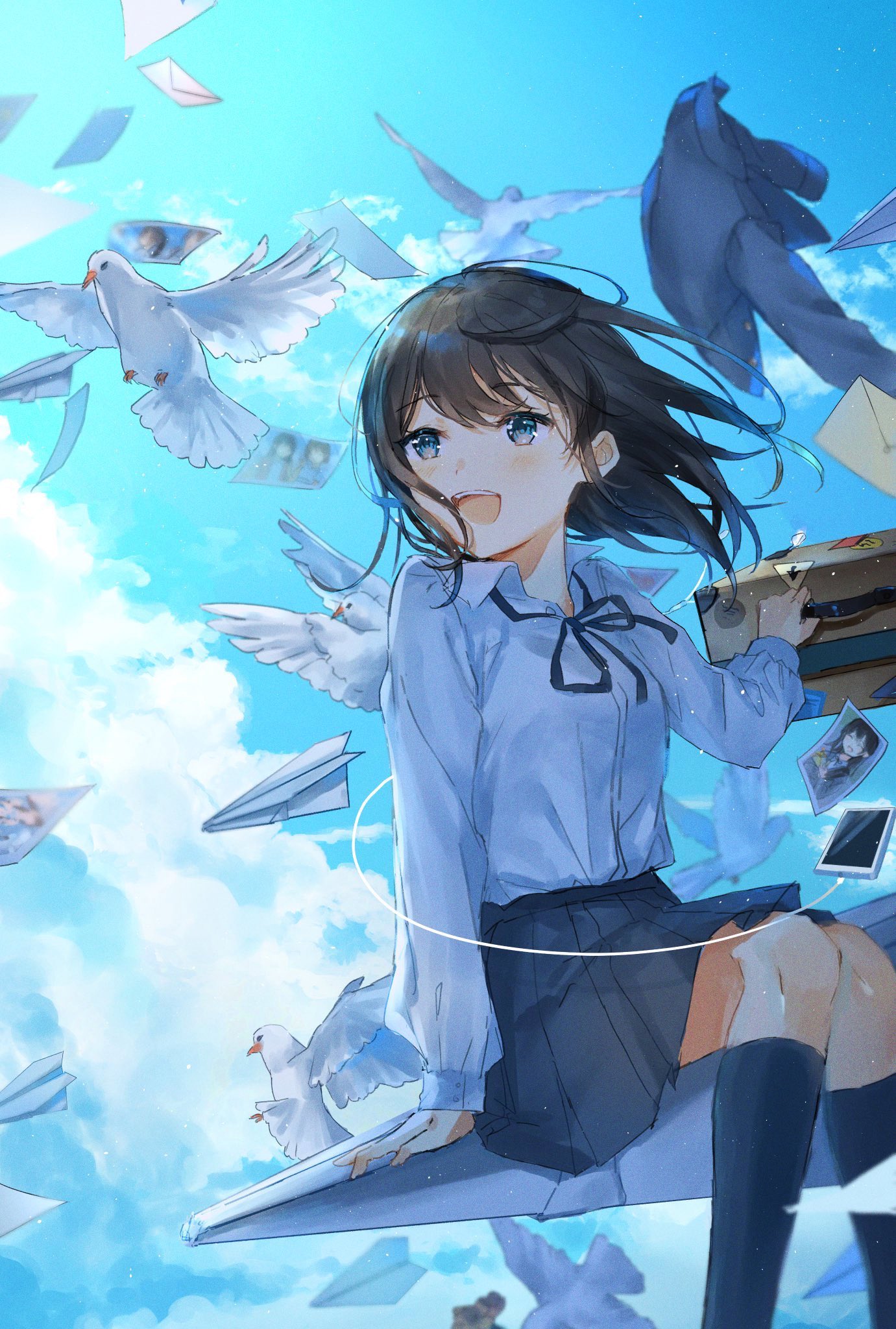 Anime 1381x2048 anime anime girls Oyuyu black hair blue eyes school uniform birds paper planes cyan