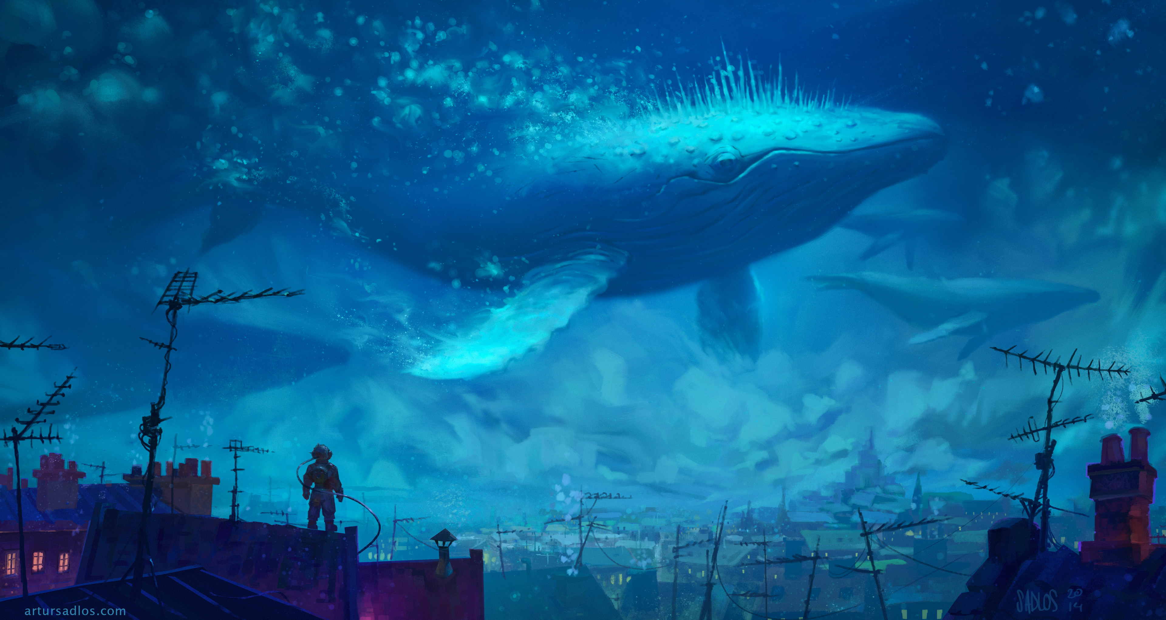General 3840x2044 artwork digital art whale fantasy art divers