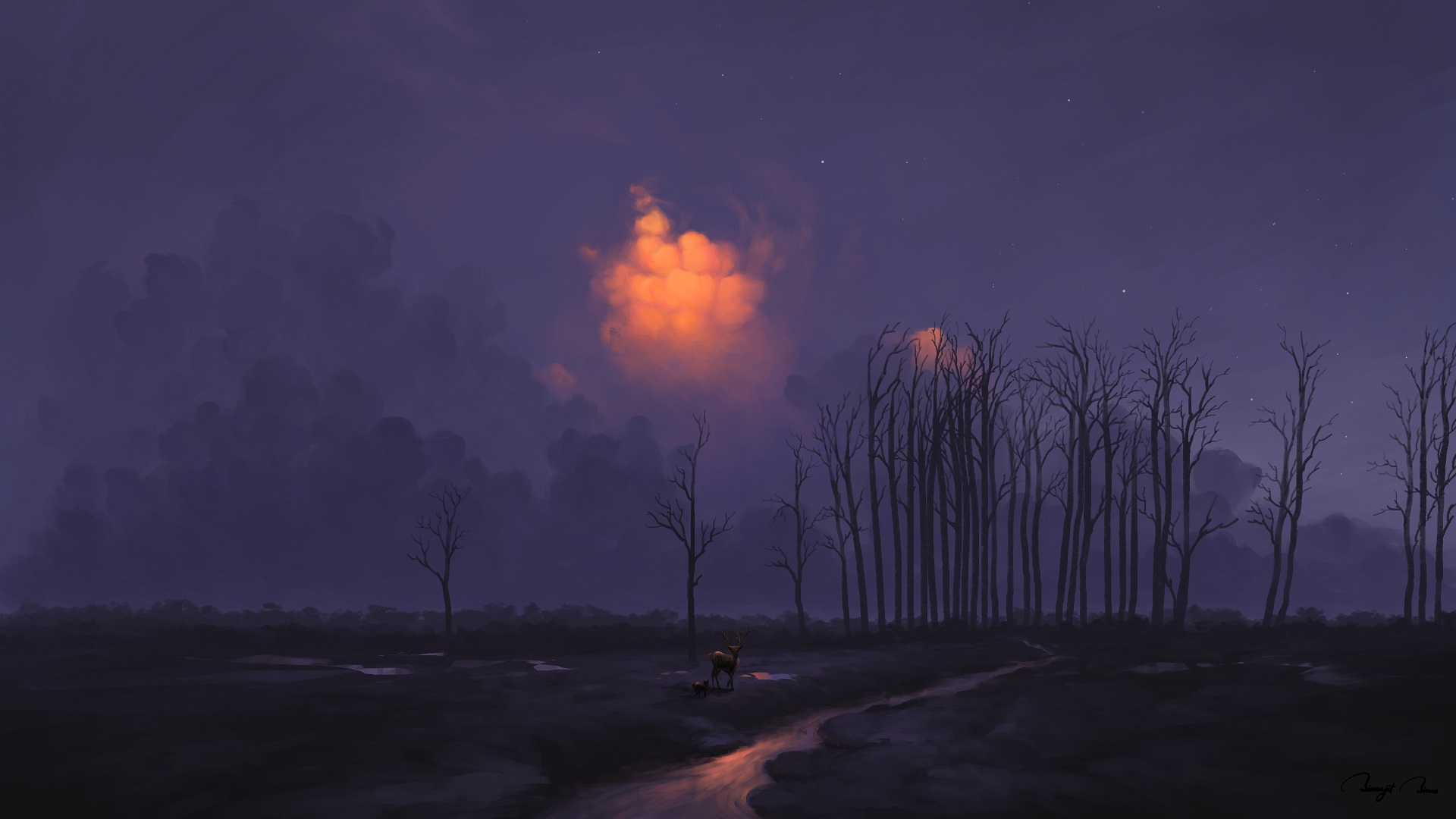 General 1920x1080 digital painting landscape sky deer water trees sunrise BisBiswas