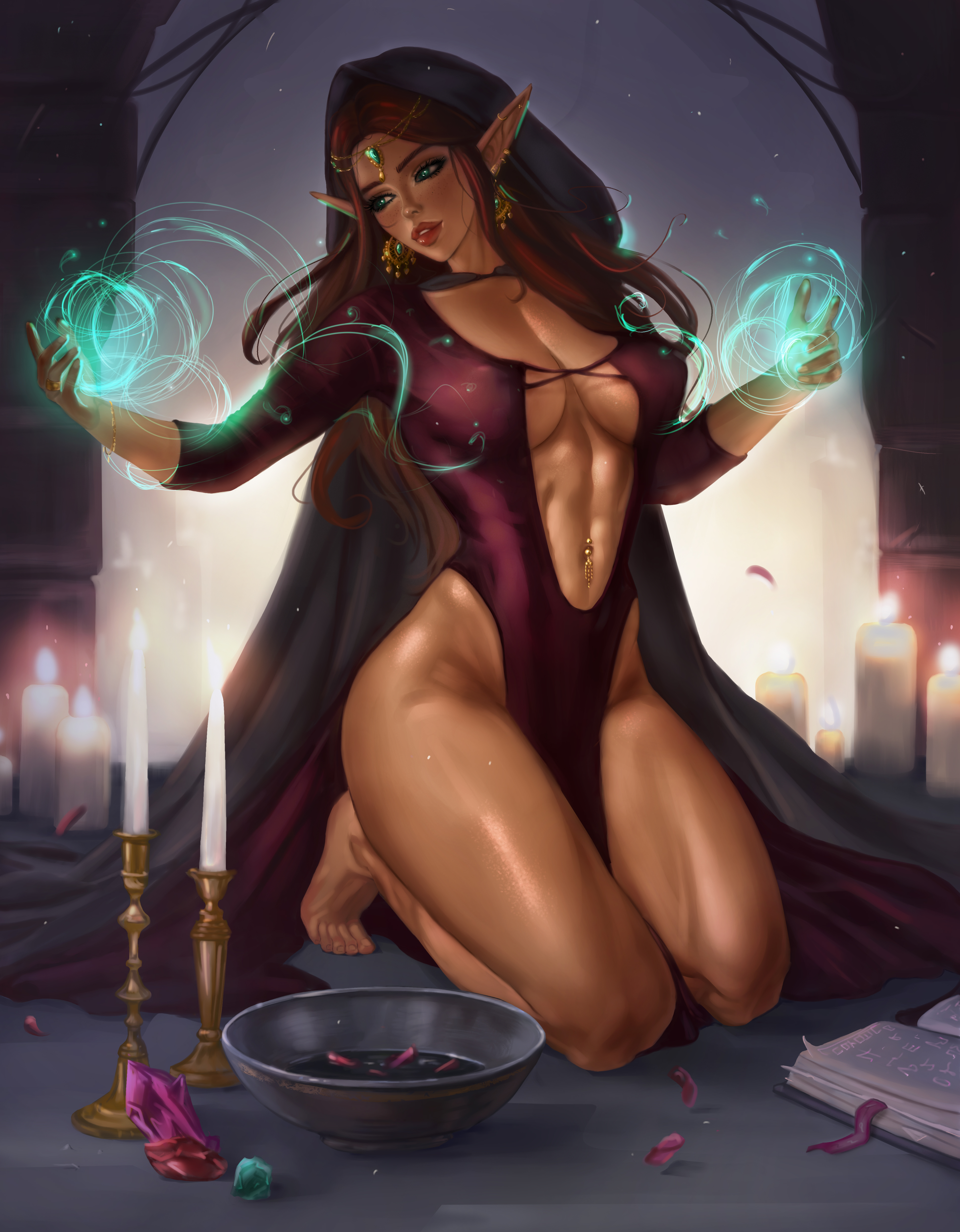 General 3885x4987 Coyotic drawing women elves jewelry dress cleavage barefoot cape hoods magician spell candles petals books fantasy girl fantasy art