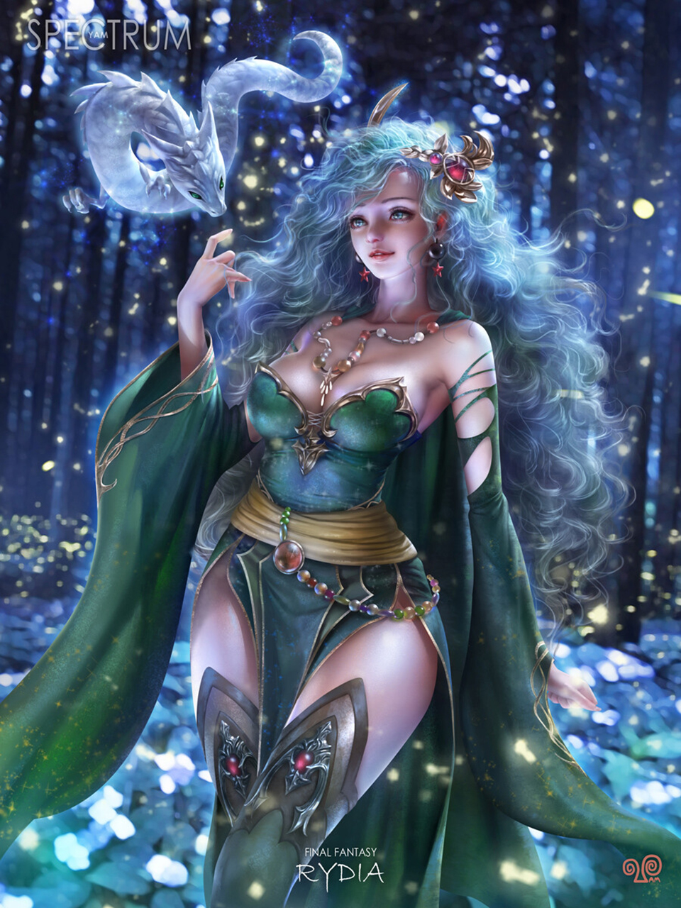 General 960x1280 Mansik Yang drawing Final Fantasy women Rydia blue hair long hair hair accessories curly hair dress green clothing serpent magic fantasy art jewelry gems