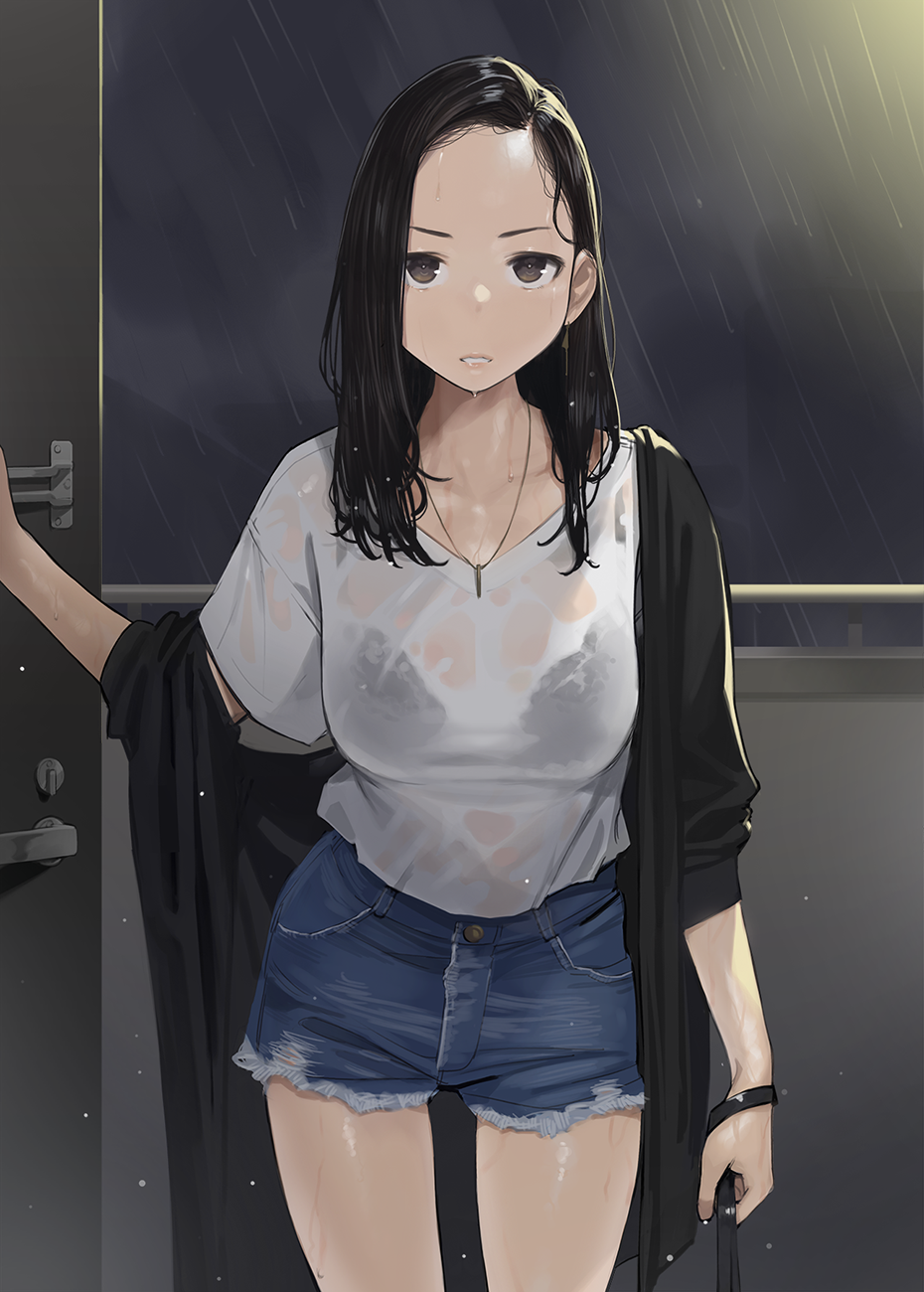 Anime 930x1300 anime anime girls portrait display wet clothing see-through shirt wet hair black hair yomu Ganbare, Douki-chan