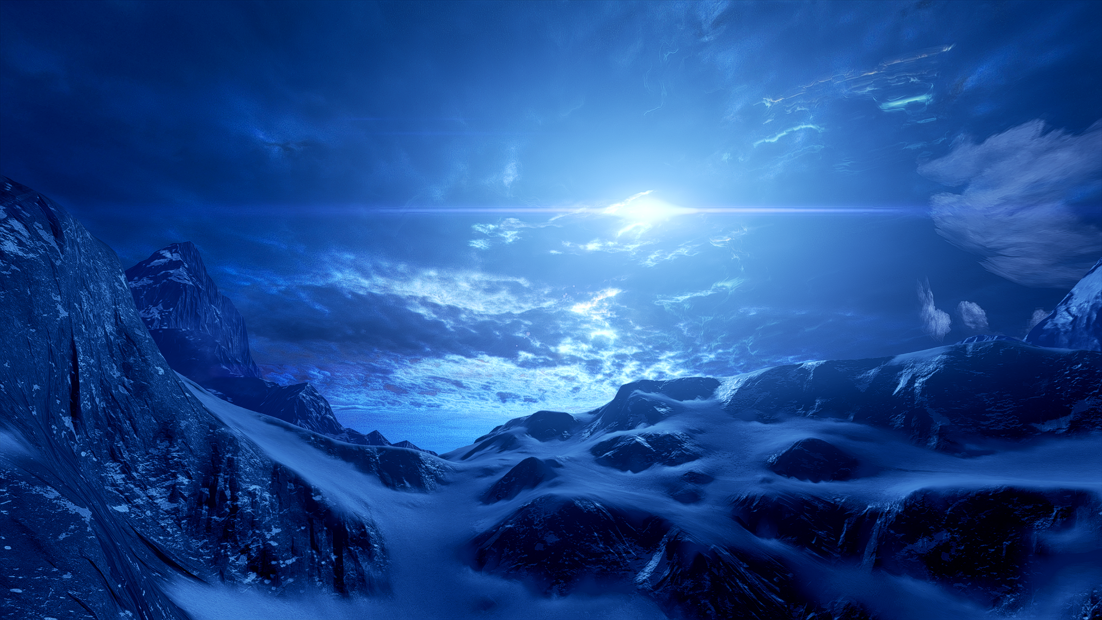 General 3840x2160 Mass Effect: Andromeda mountains sky Sun cold snow landscape rocks space clouds blue video games PC gaming science fiction ice