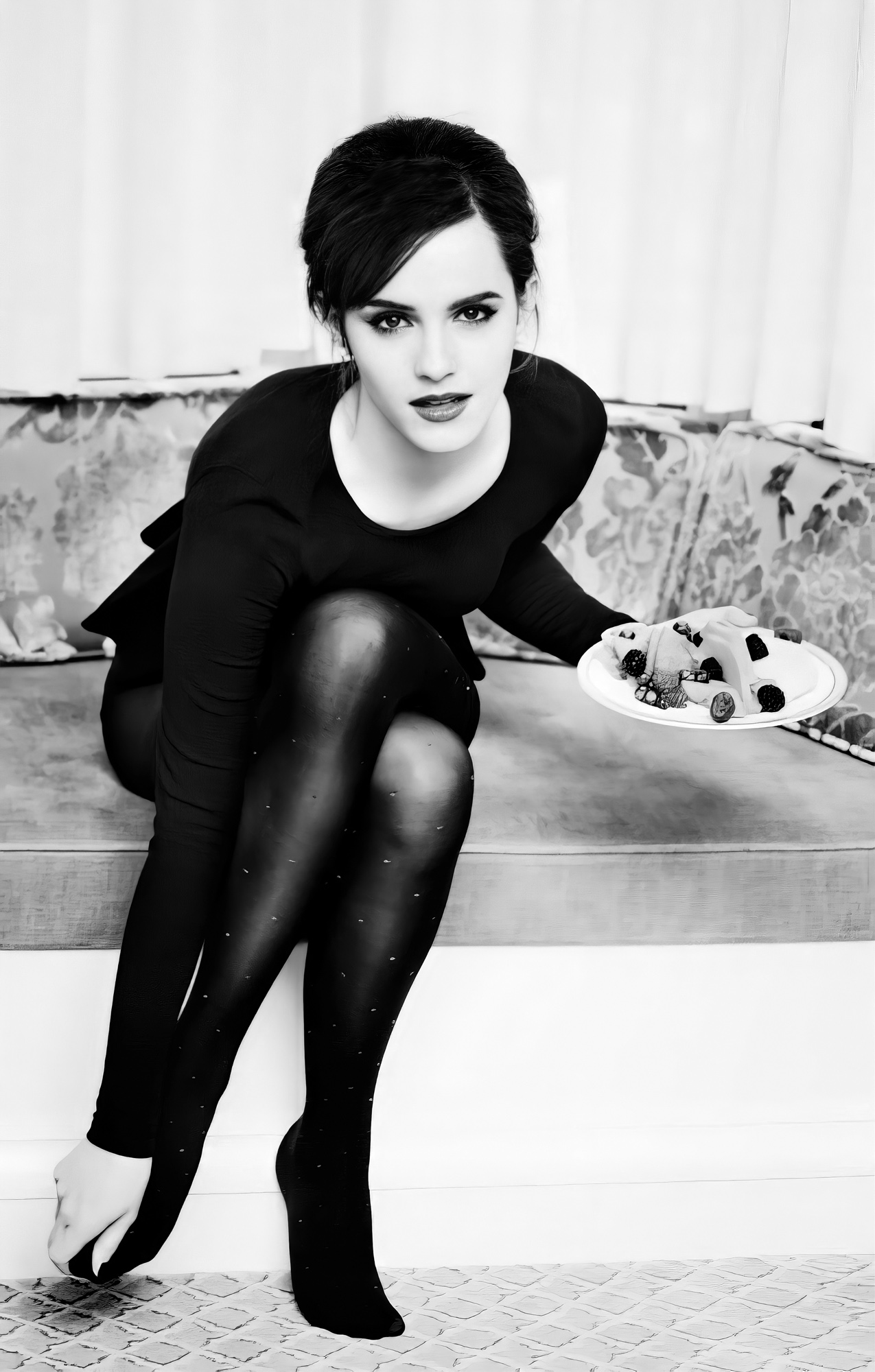 People 1275x2000 Emma Watson women actress fruit pantyhose pointed toes sitting indoors British women food legs monochrome women indoors celebrity looking at viewer