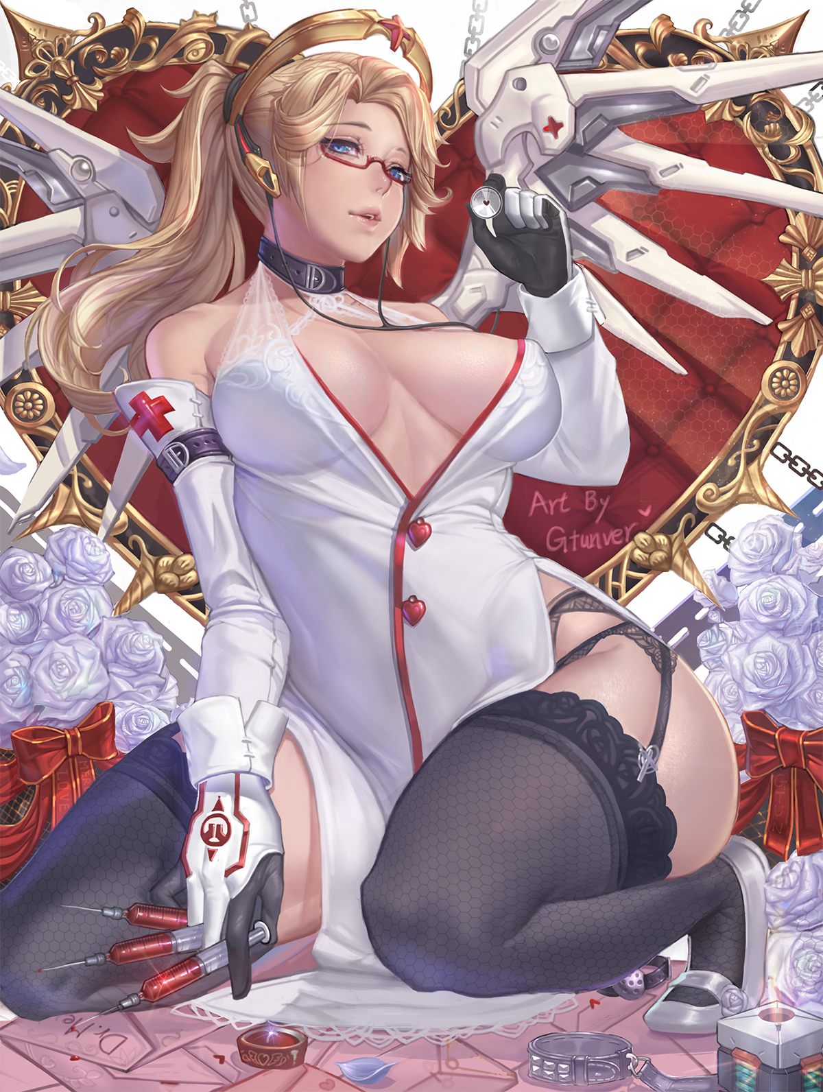 Anime 1200x1592 anime anime girls gtunver portrait display Overwatch Mercy (Overwatch) glasses blonde big boobs thigh-highs black thigh highs cleavage