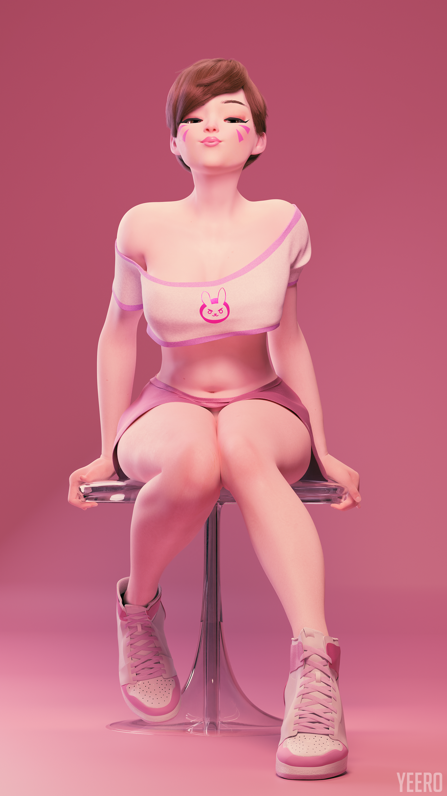 General 1440x2560 yeero (Author) Overwatch video game girls women pink background pouting thighs together fictional fictional character stools simple background CGI D.Va (Overwatch) smiling looking at viewer belly belly button minimalism video game characters shoes sitting