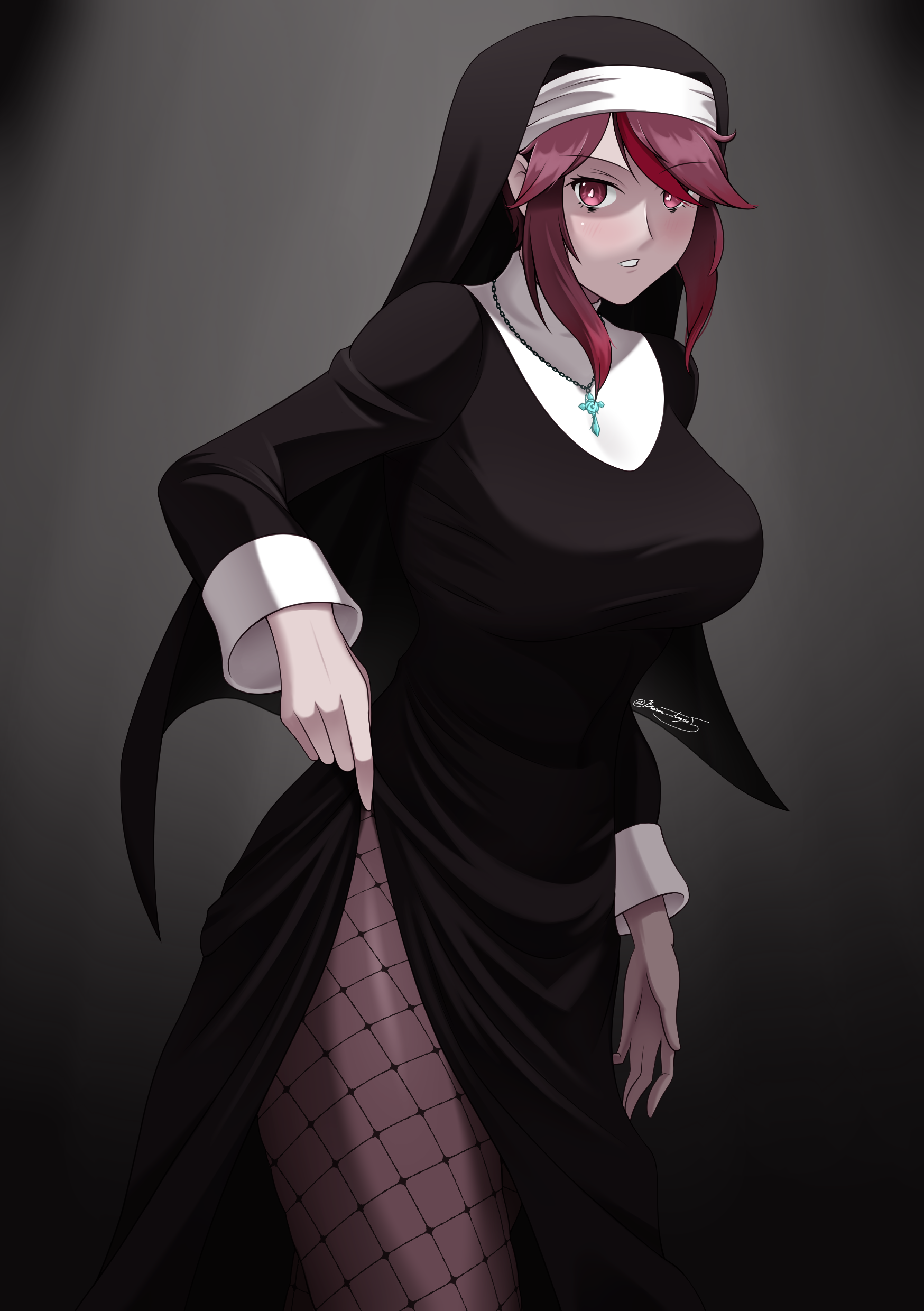 Anime 1748x2480 anime anime girls original characters solo artwork digital art fan art boobs big boobs huge breasts pantyhose fishnet pantyhose lifting dress curvy gray background red eyes redhead looking at viewer nuns nun outfit