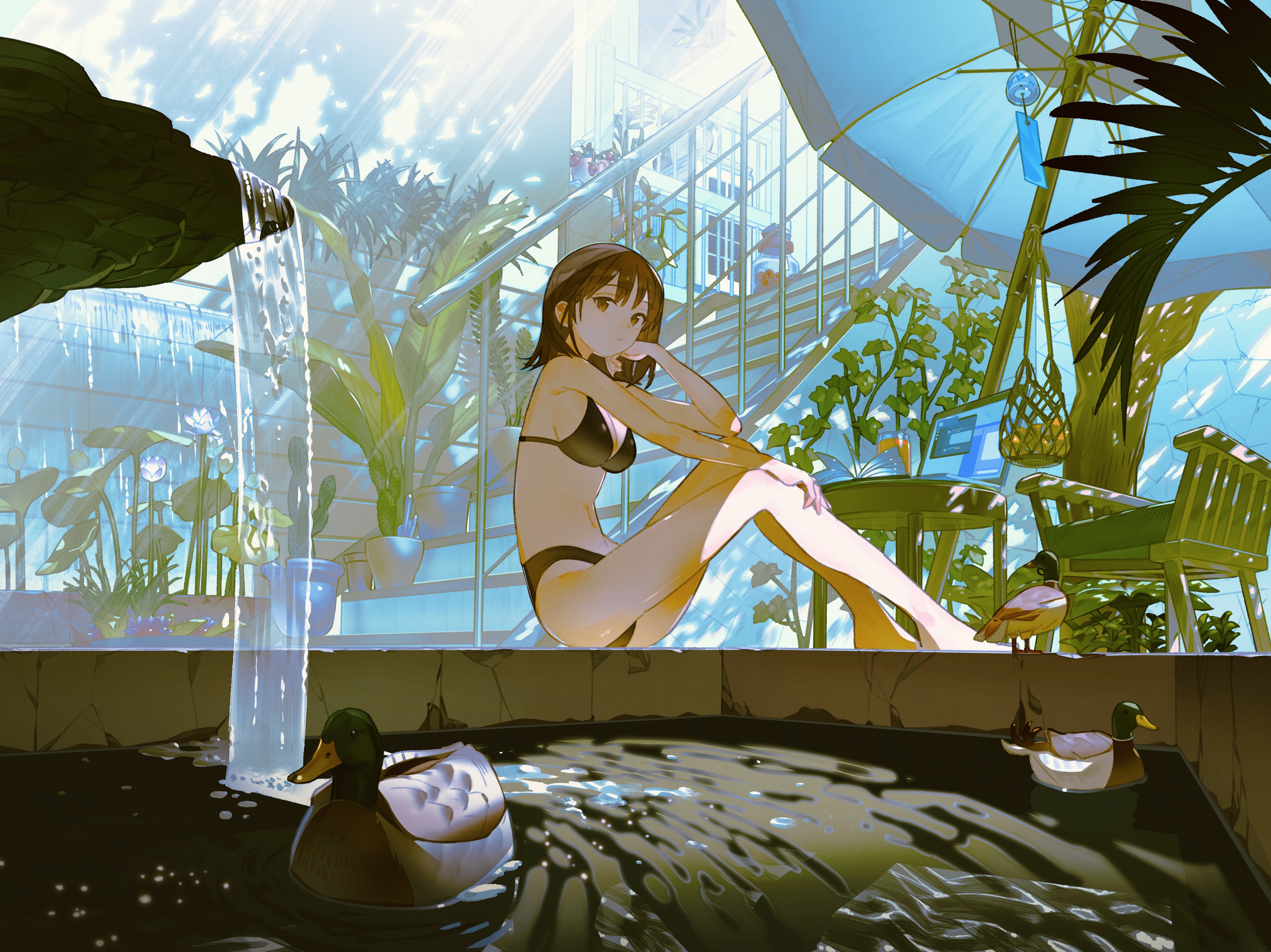 Anime 3357x2516 anime anime girls bikini animals water duck waterfall Aspara dappled sunlight stairs