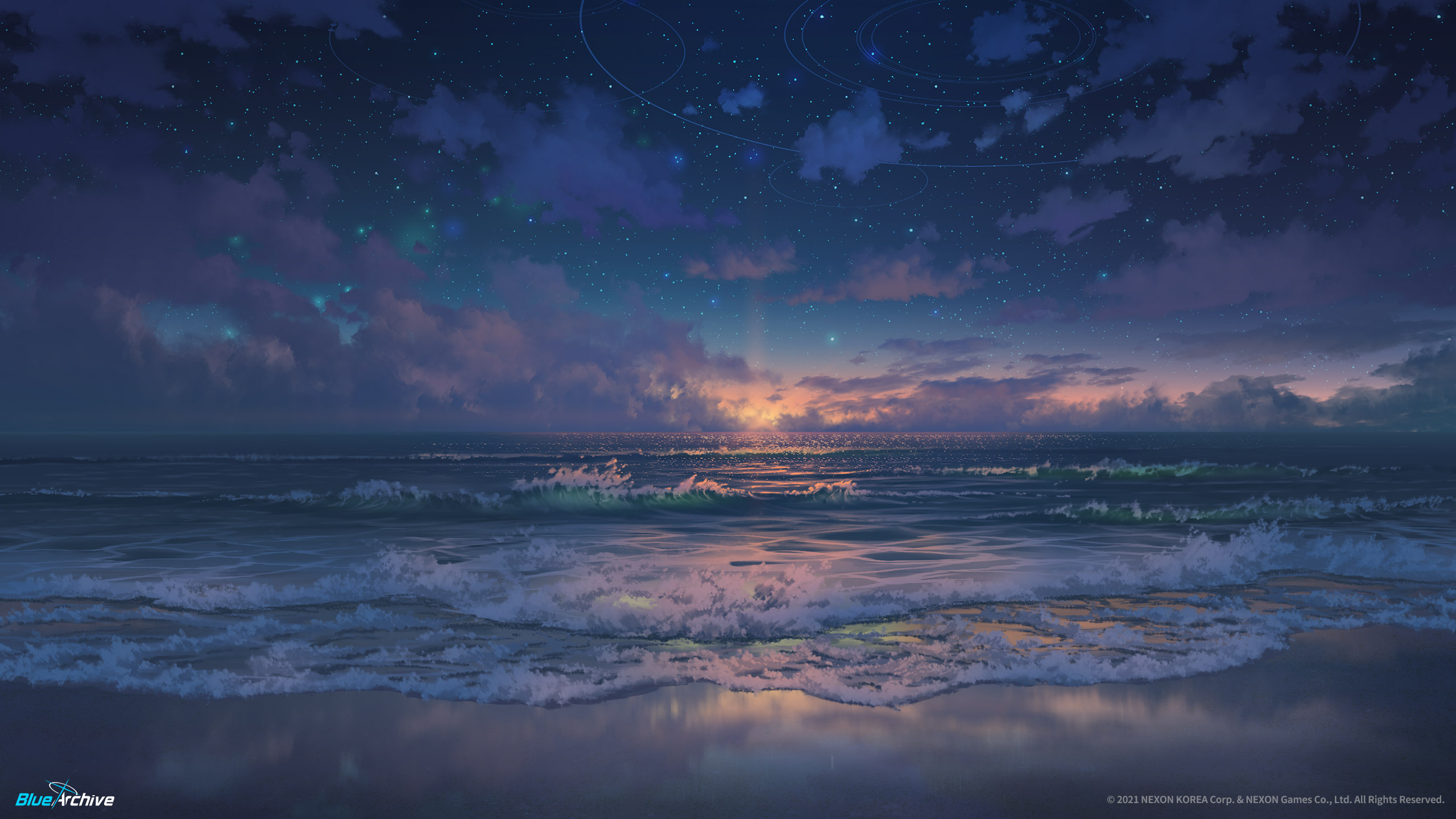 Anime 2560x1440 Blue Archive beach sea water sky coast stars horizon 2021 (Year) anime nexon games