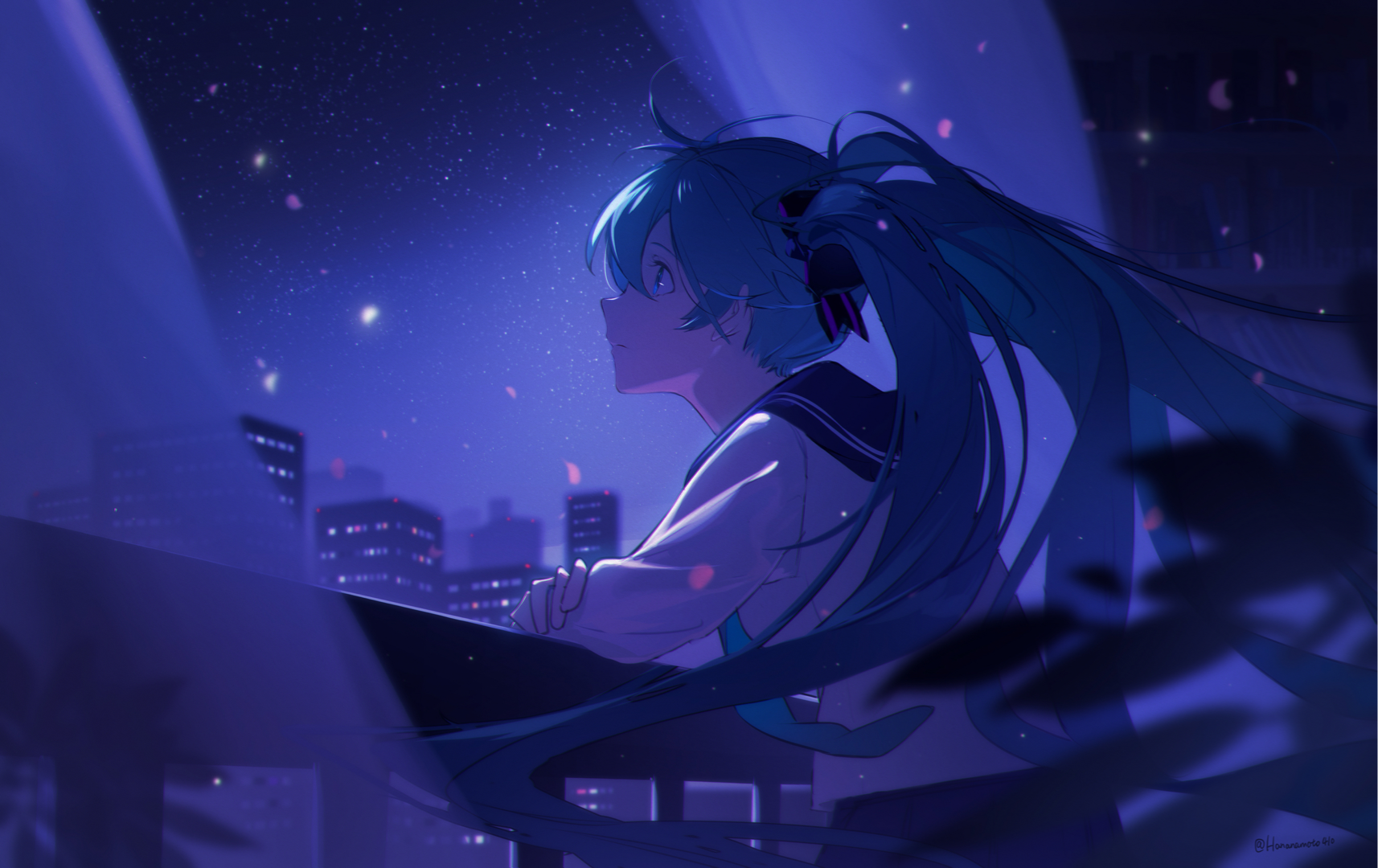 Anime 1714x1080 blue hair starry night Hatsune Miku Vocaloid