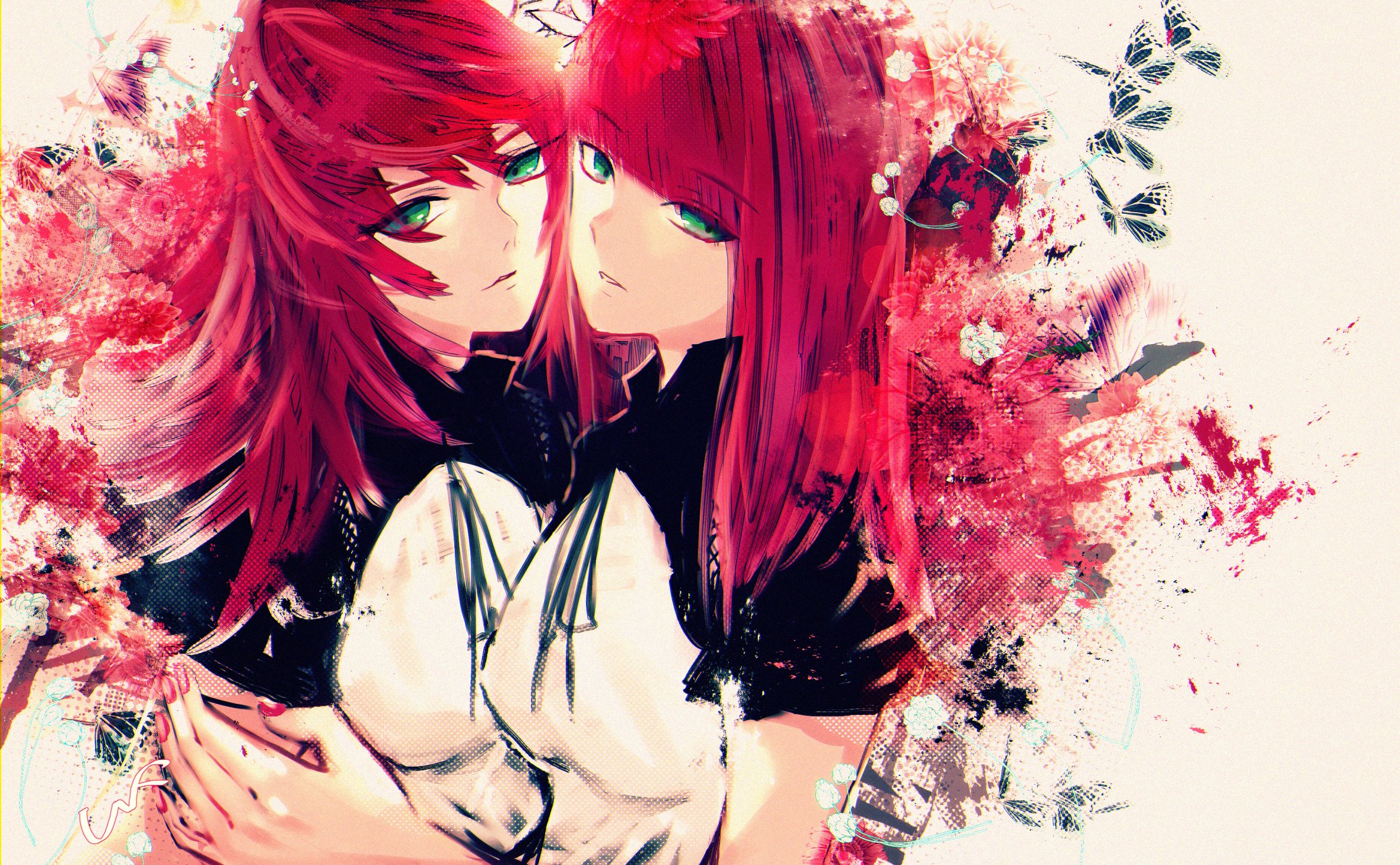 Anime 2265x1400 anime anime girls NieR Replicant Devola (Nier:Automata) Popola (Nier:Automata) long hair redhead twins two women artwork digital art fan art Nier