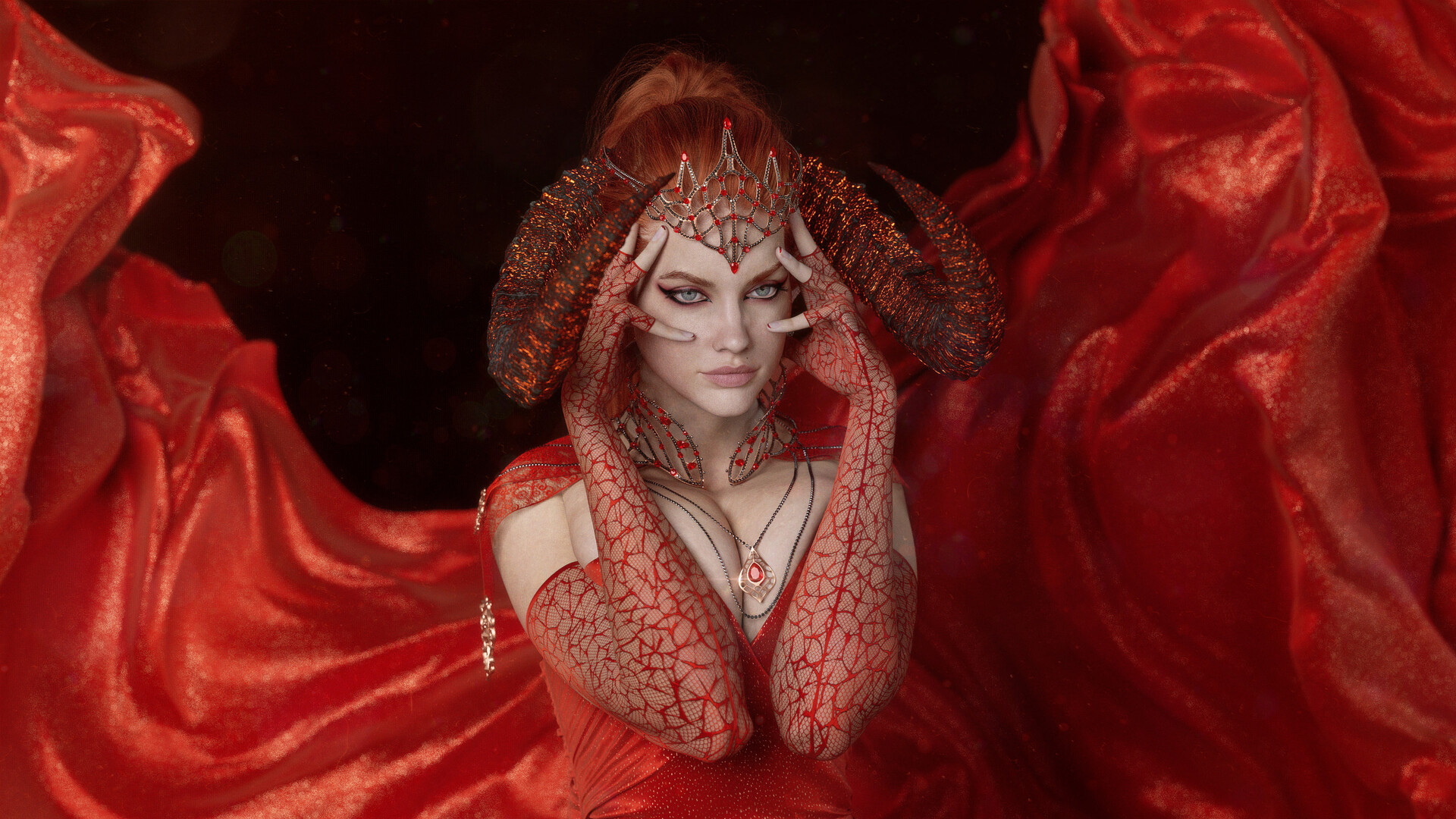 General 1920x1080 Ruslan Pronin CGI women witch horns redhead eyeliner red dress lens flare huge breasts