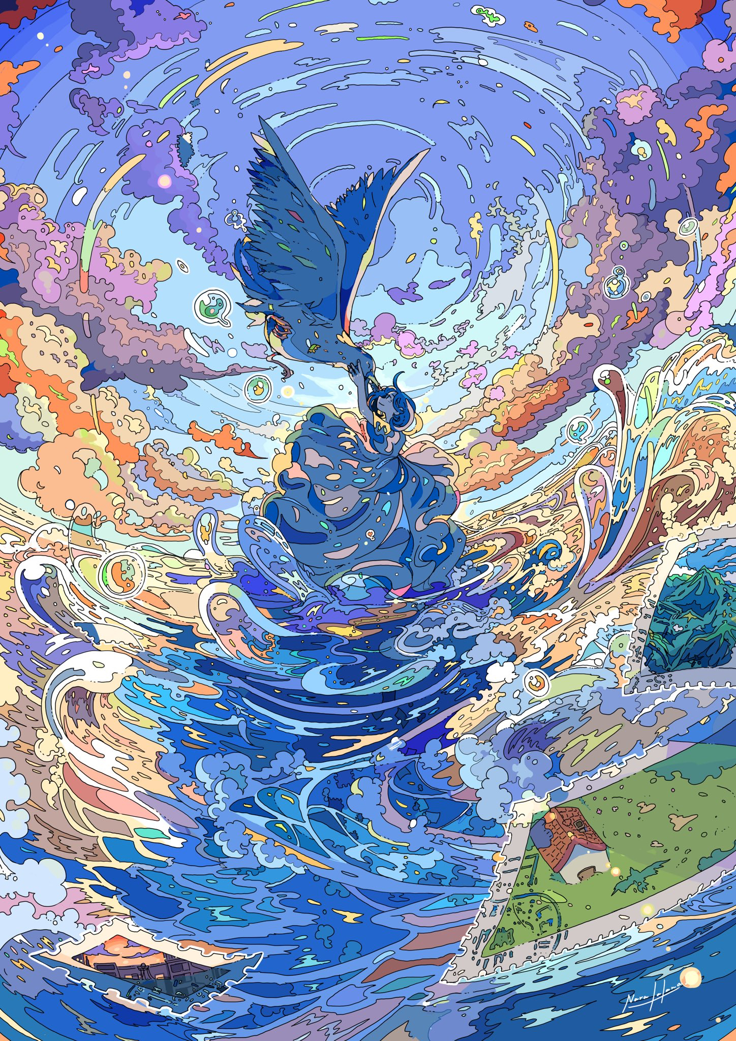 Anime 1448x2048 clouds water birds colorful artwork women