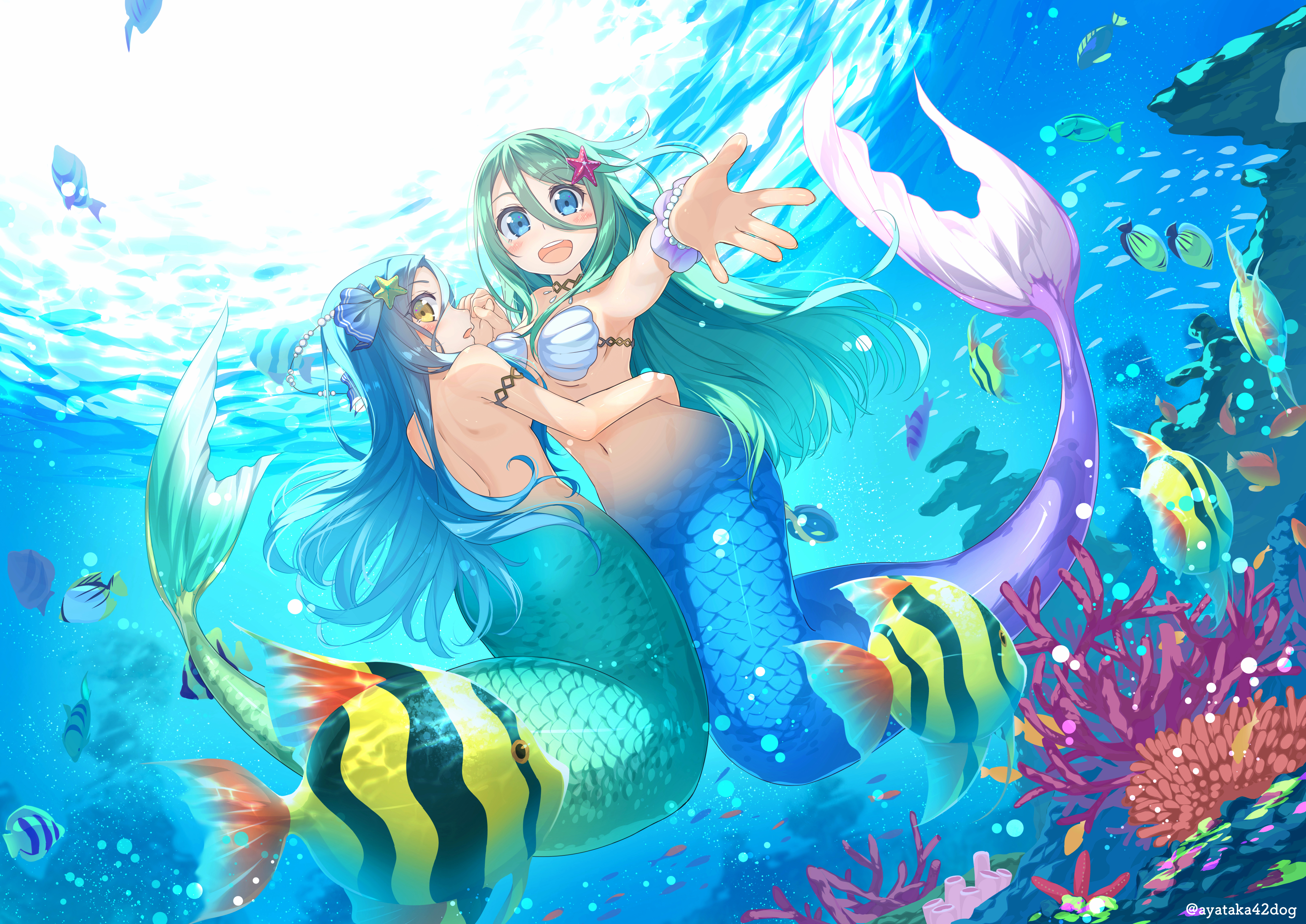 Anime 3429x2426 anime girls mermaids sea fish green hair blue hair underwater original characters long hair bikini top topless tail Ayataka