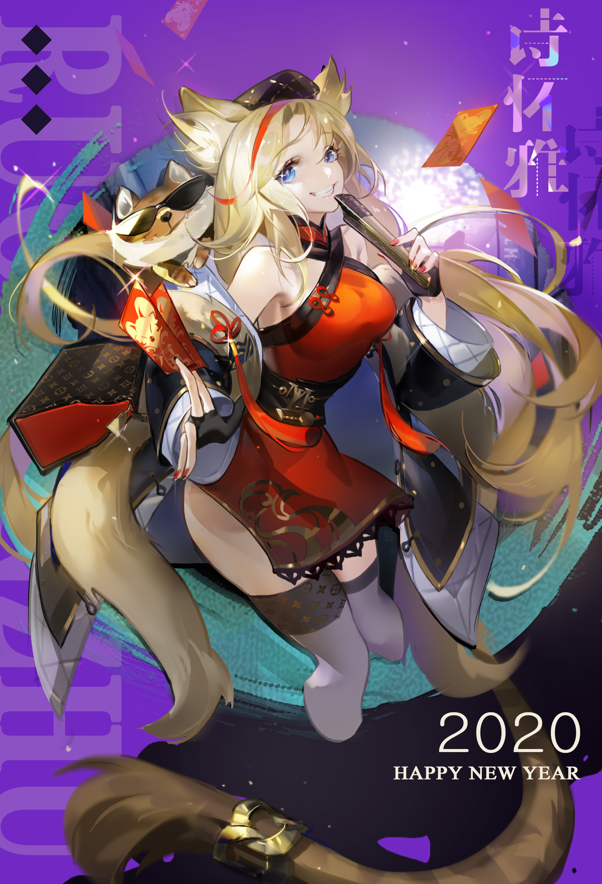 Anime 2010x2954 Ruo Gan Zhua anime girls portrait display Arknights Swire (Arknights) New Year Chinese dress thigh-highs blonde blue eyes animal ears tail smiling