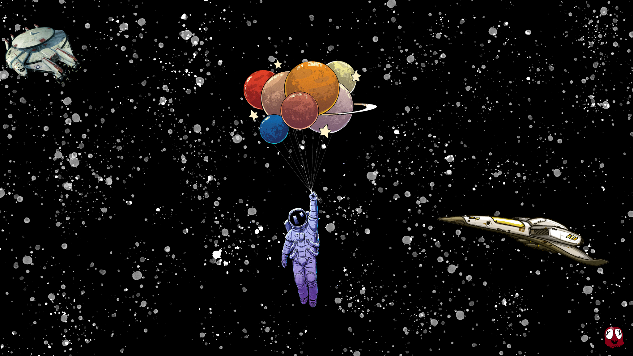 General 2048x1152 space astronaut planet cartoon Millennium Falcon