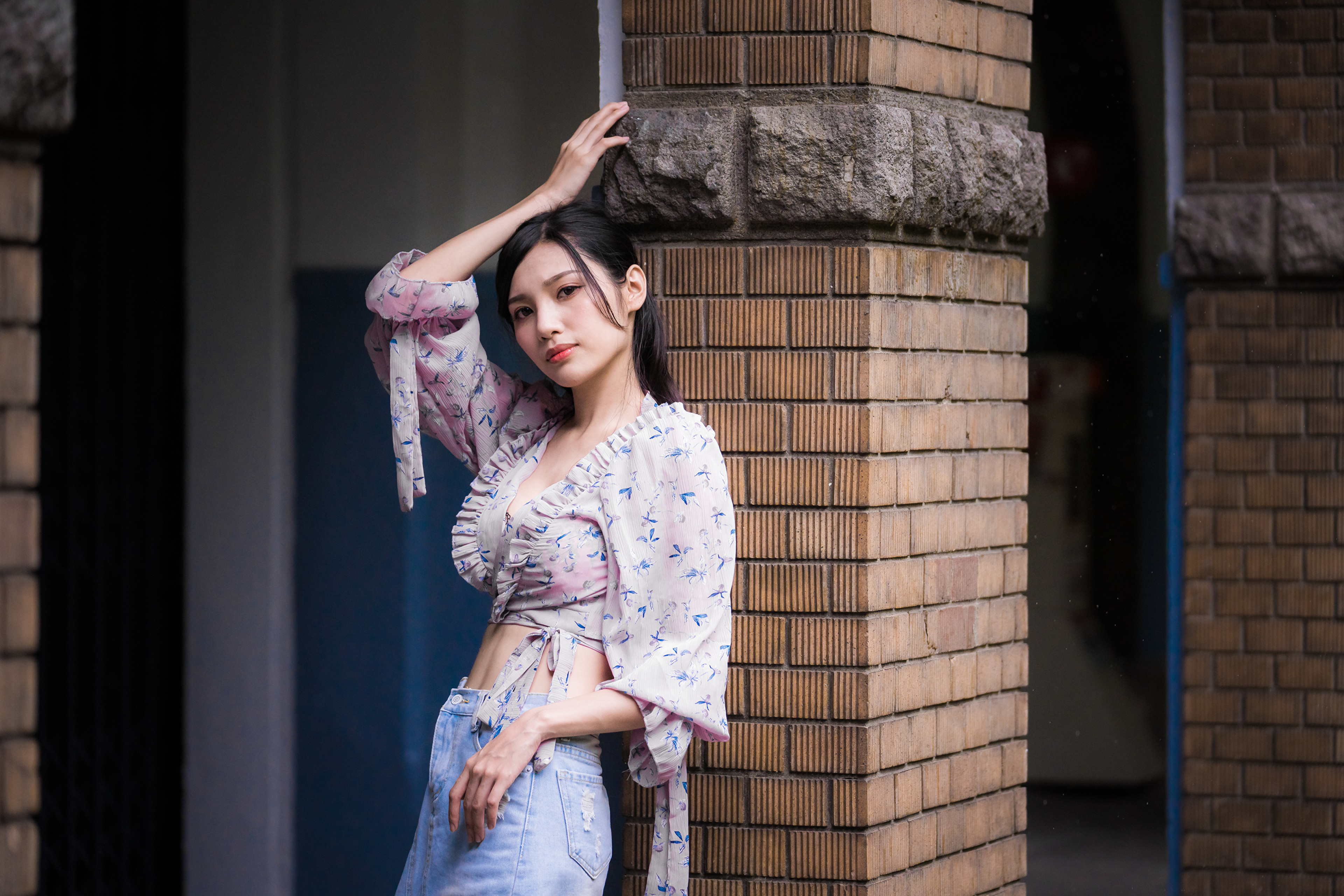 People 3840x2560 Asian model women long hair brunette leaning column bricks blouses jeans