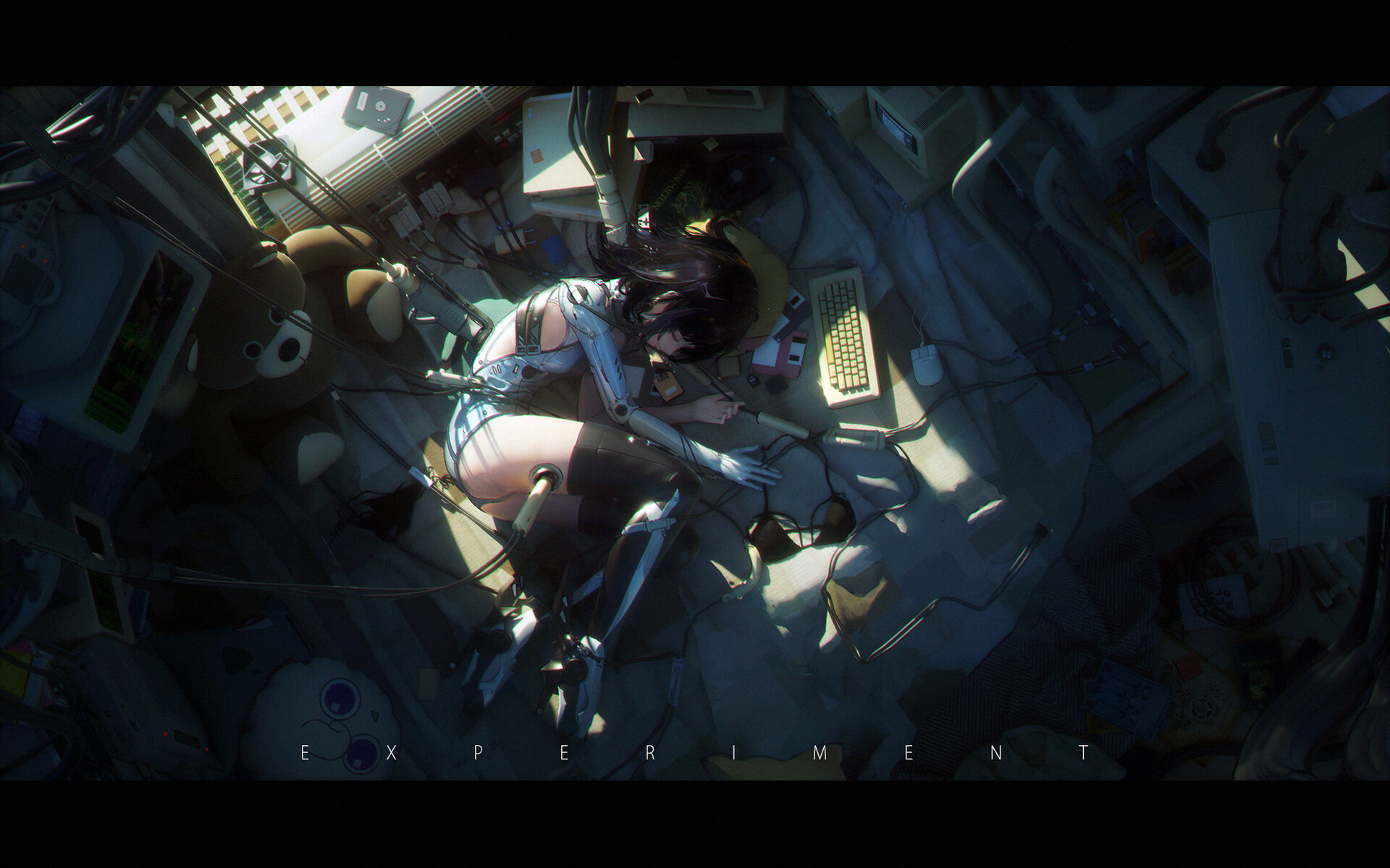 Anime 1920x1200 anime girls anime keyboards wires cyborg black hair short hair Retro computers closed eyes in bed