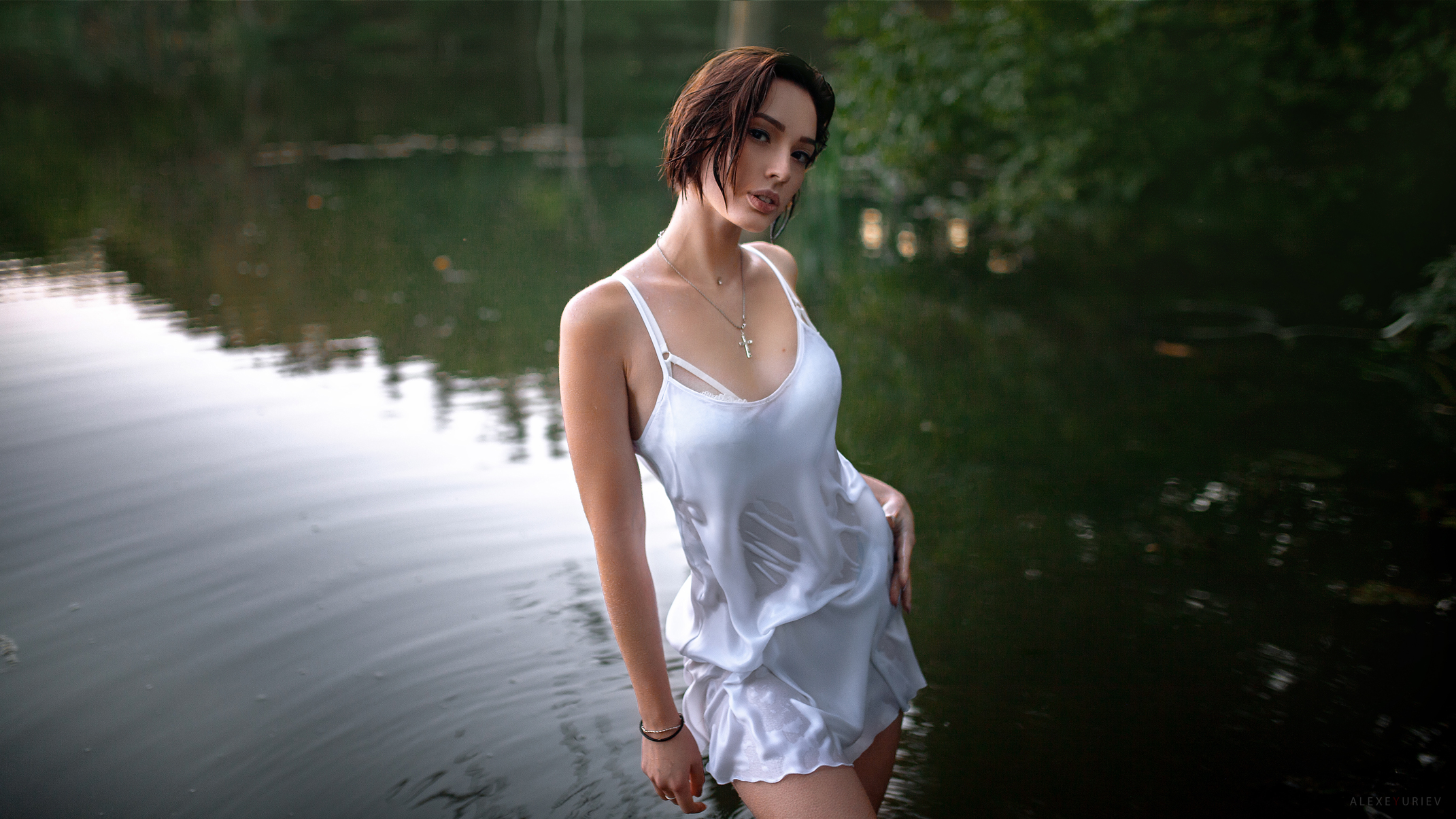 People 2141x1205 Aleksey Yuriev women brunette short hair wet wet hair looking at viewer jewelry necklace piercing dress silk white clothing wet clothing bracelets nature