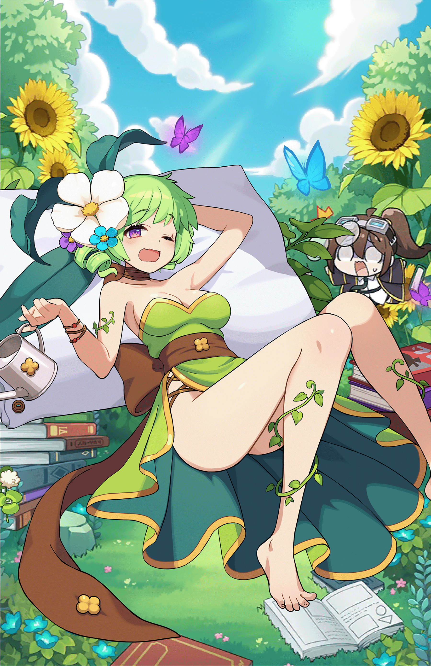 Anime 1799x2778 Guardian Tales Aoba (Guardian Tales) anime anime girls thighs legs barefoot watering can flowers plants one eye closed green hair open mouth butterfly fantasy art fantasy girl books flower in hair green dress dress green clothing knees together