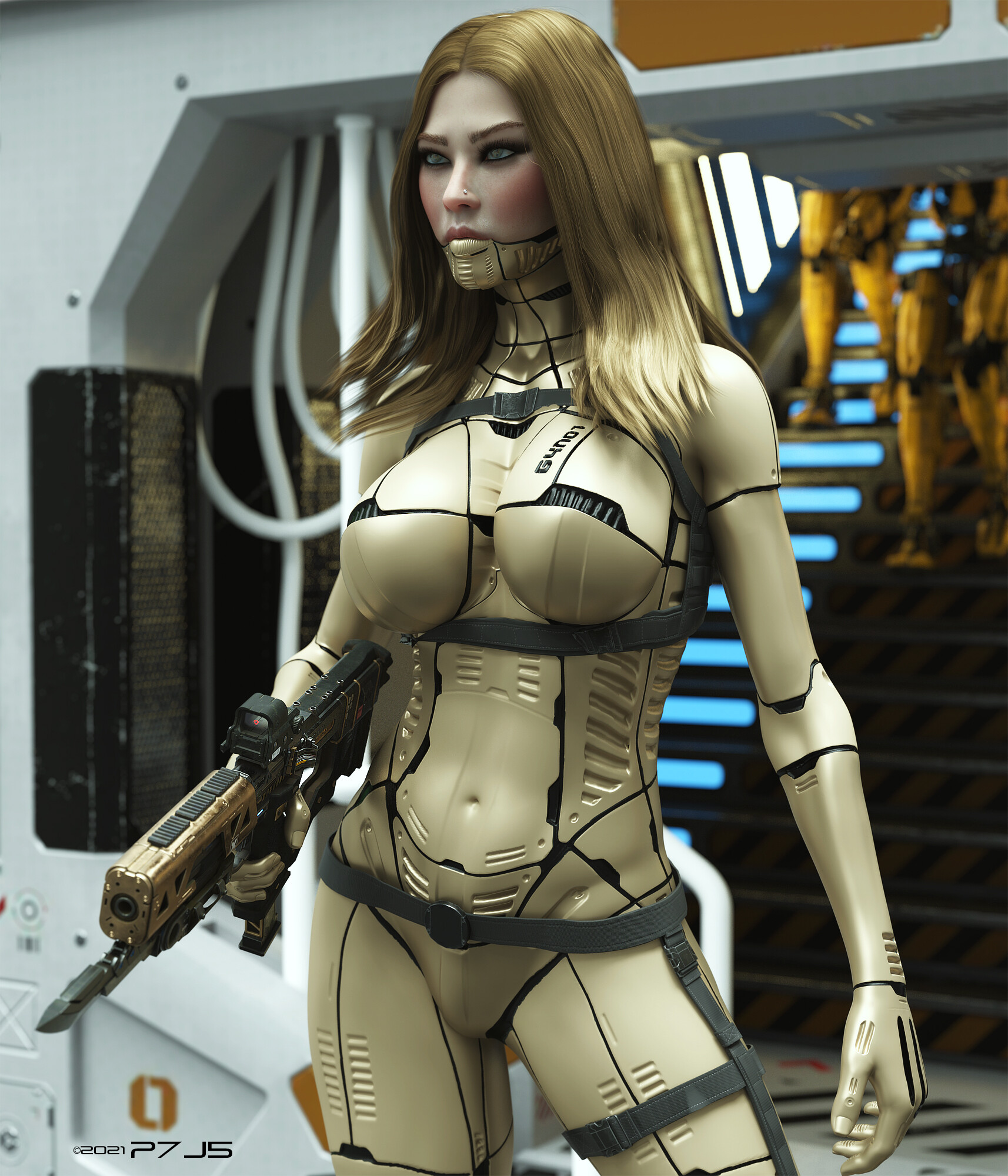 General 1714x2000 artwork digital art science fiction ArtStation science fiction women cyborg futuristic weapon blonde girls with guns standing P7J5 (Artist)