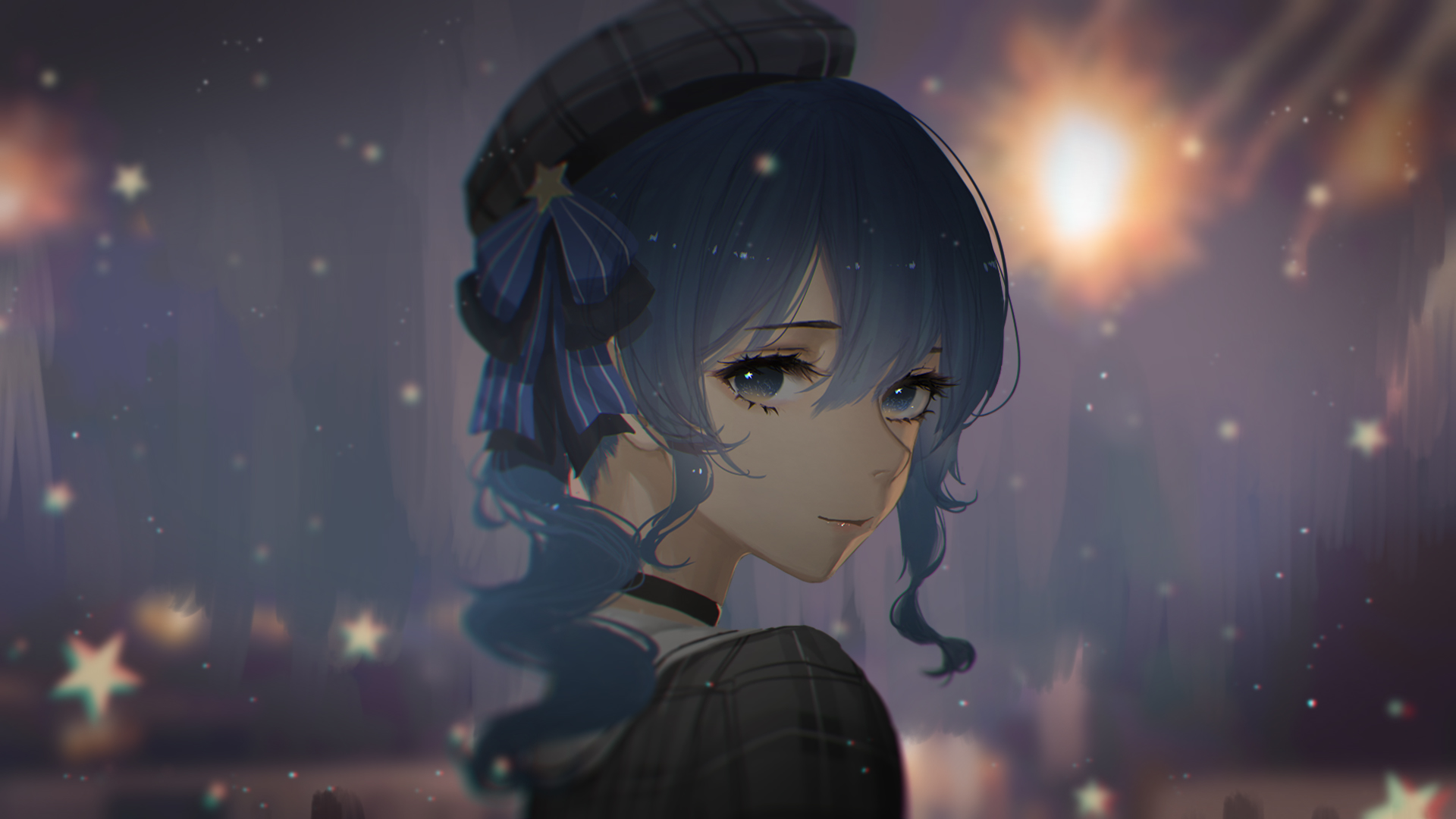 Anime 1920x1080 anime anime girls Hololive Hoshimachi Suisei blue eyes hat berets stars looking at viewer blue hair