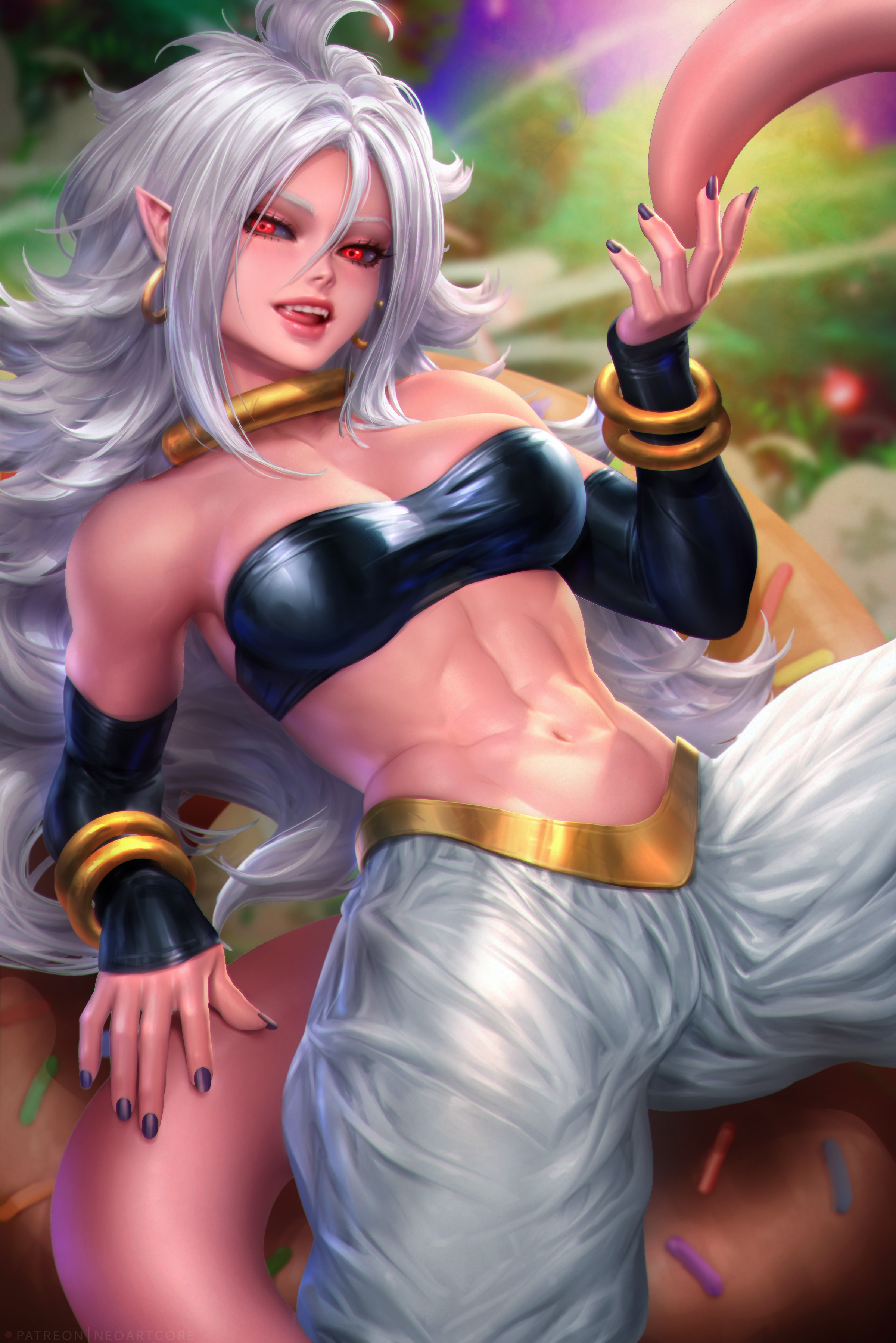 Anime 2400x3597 Android 21 Dragon Ball FighterZ video games video game girls anime girls fantasy girl portrait display white hair long hair looking at viewer arm warmers bracelets black top bare shoulders short tops belly pants tail artwork drawing digital art illustration fan art NeoArtCorE (artist)