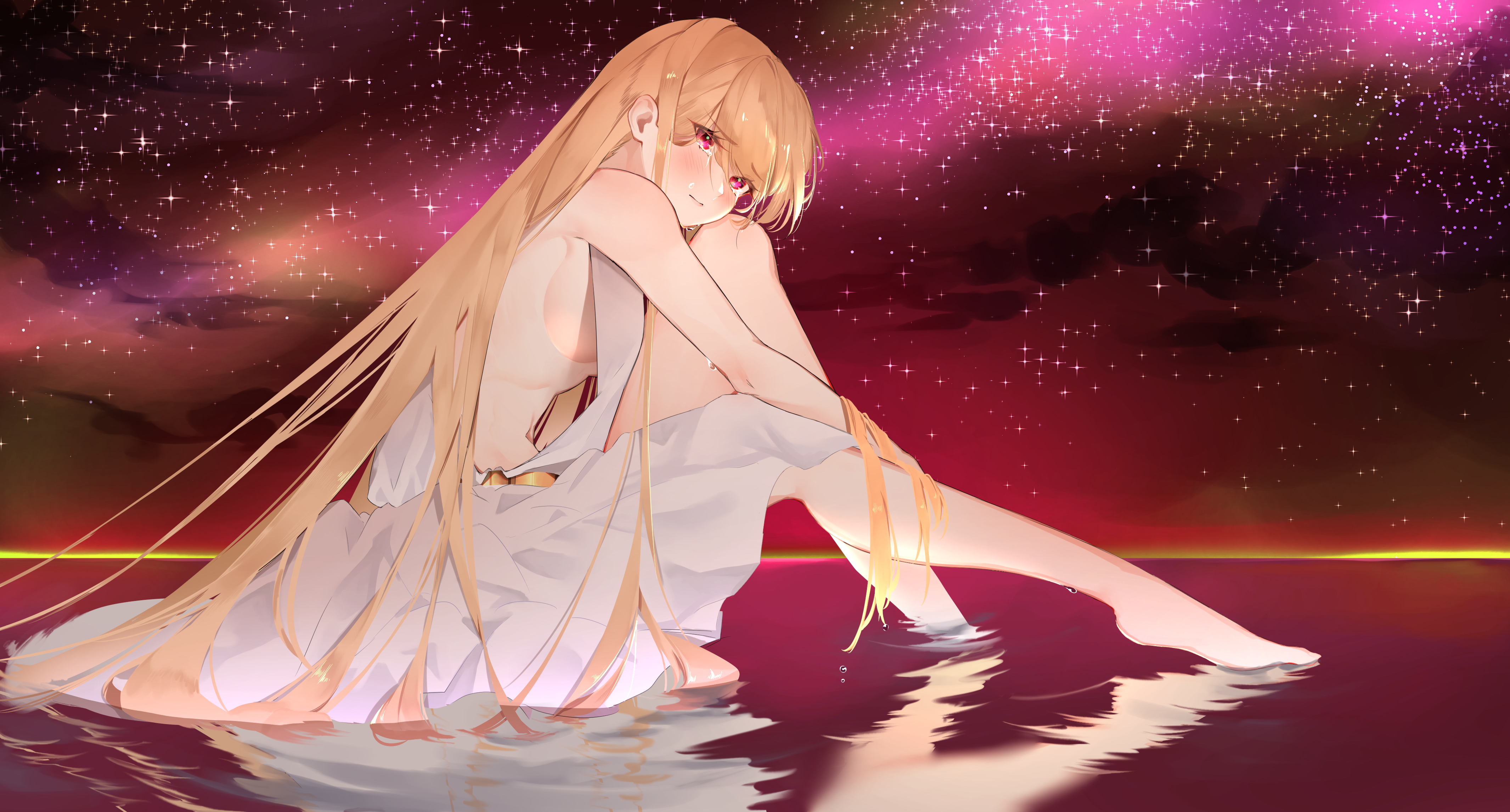 Anime 4262x2292 blonde sky night horizon white dress sideboob holding knees red eyes barefoot anime girls Yuya
