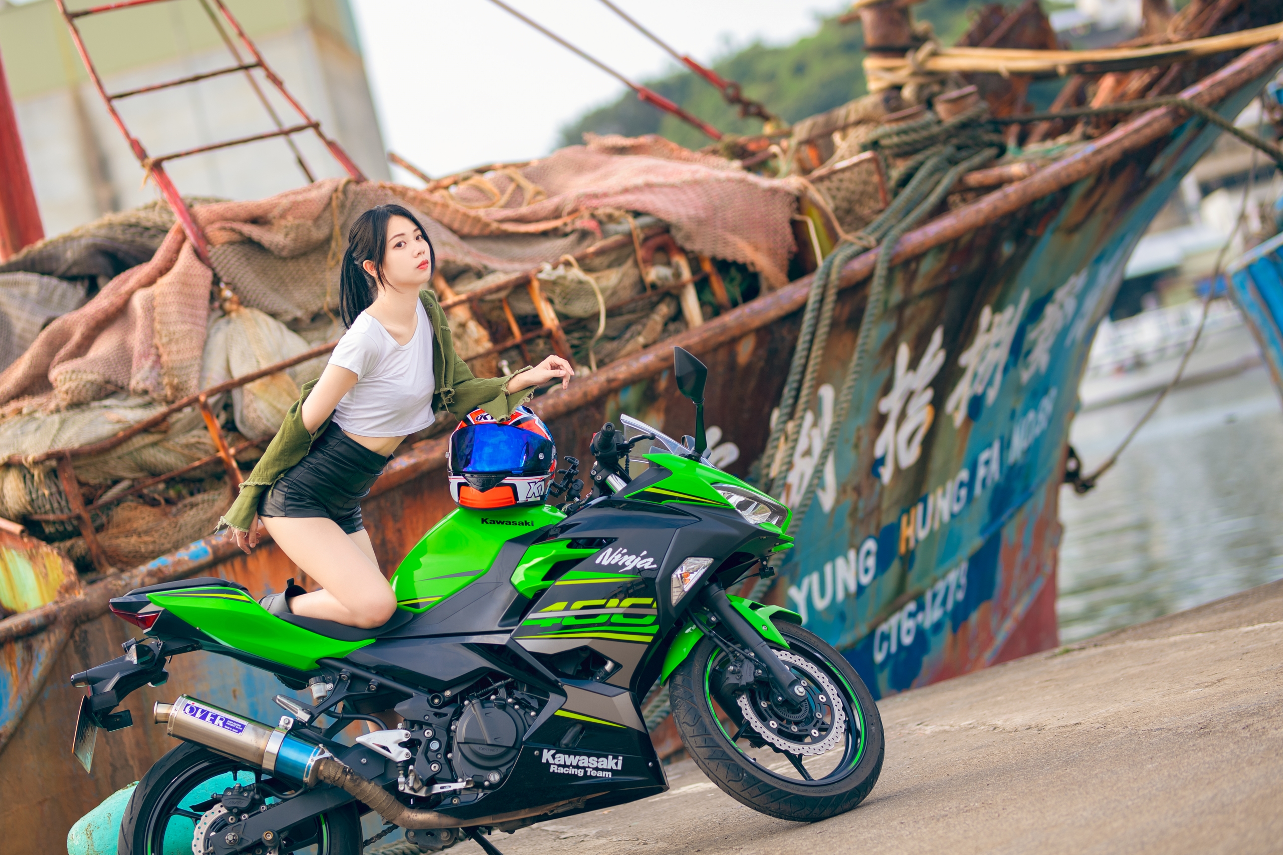 People 2560x1707 Asian women model brunette ponytail white tops short shorts jacket looking at viewer motorcycle women with motorcycles Kawasaki ship dock depth of field outdoors women outdoors