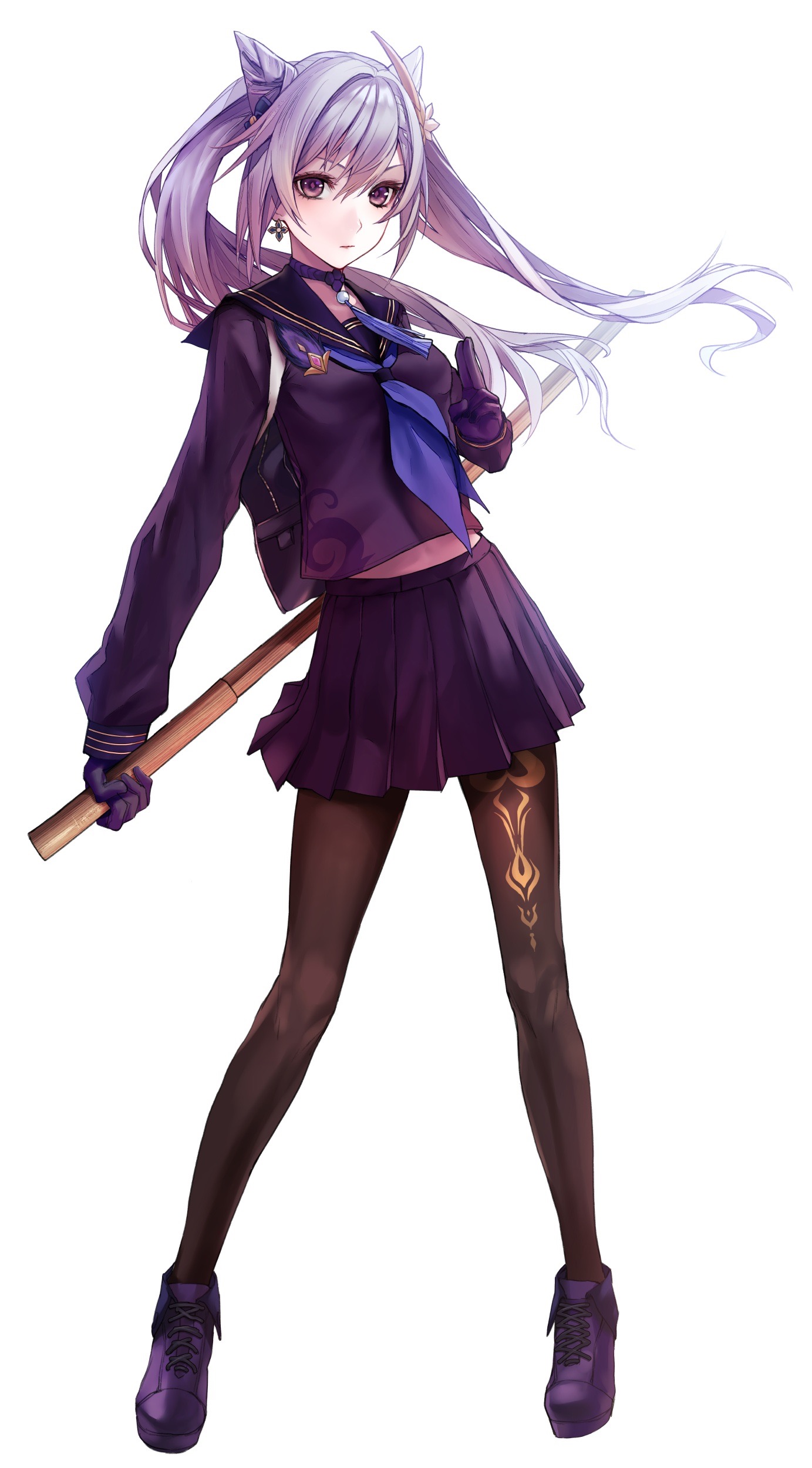 Anime 1383x2500 anime girls Genshin Impact Keqing (Genshin Impact) Applekun school uniform pantyhose purple hair purple eyes