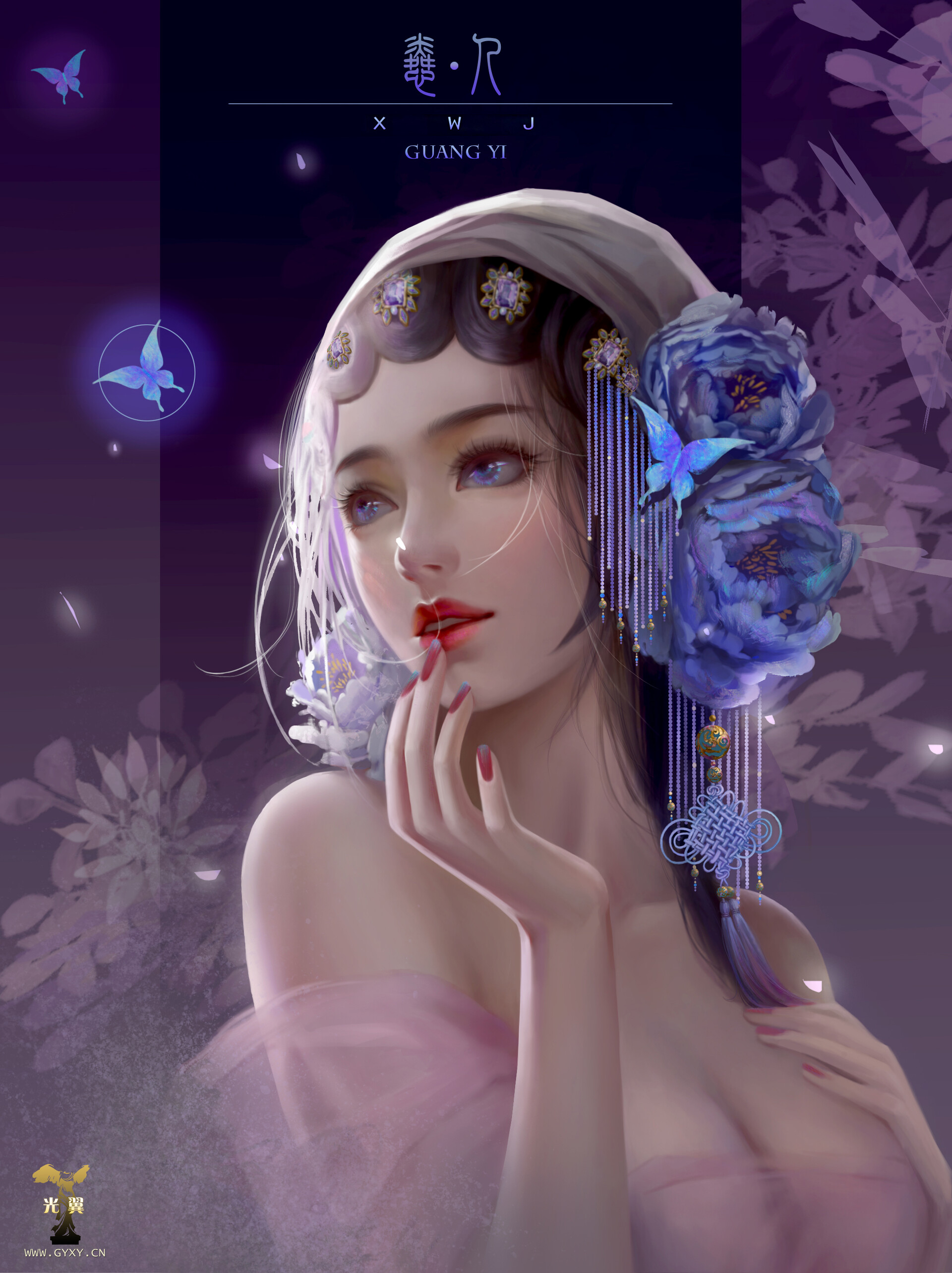 General 1920x2567 Lightwing Academy blue rose flower in hair flowers touching face caressing hands on boobs hand(s) on chest women rose hair accessories digital art looking away portrait display drawing cleavage artwork open mouth butterfly white rose ArtStation