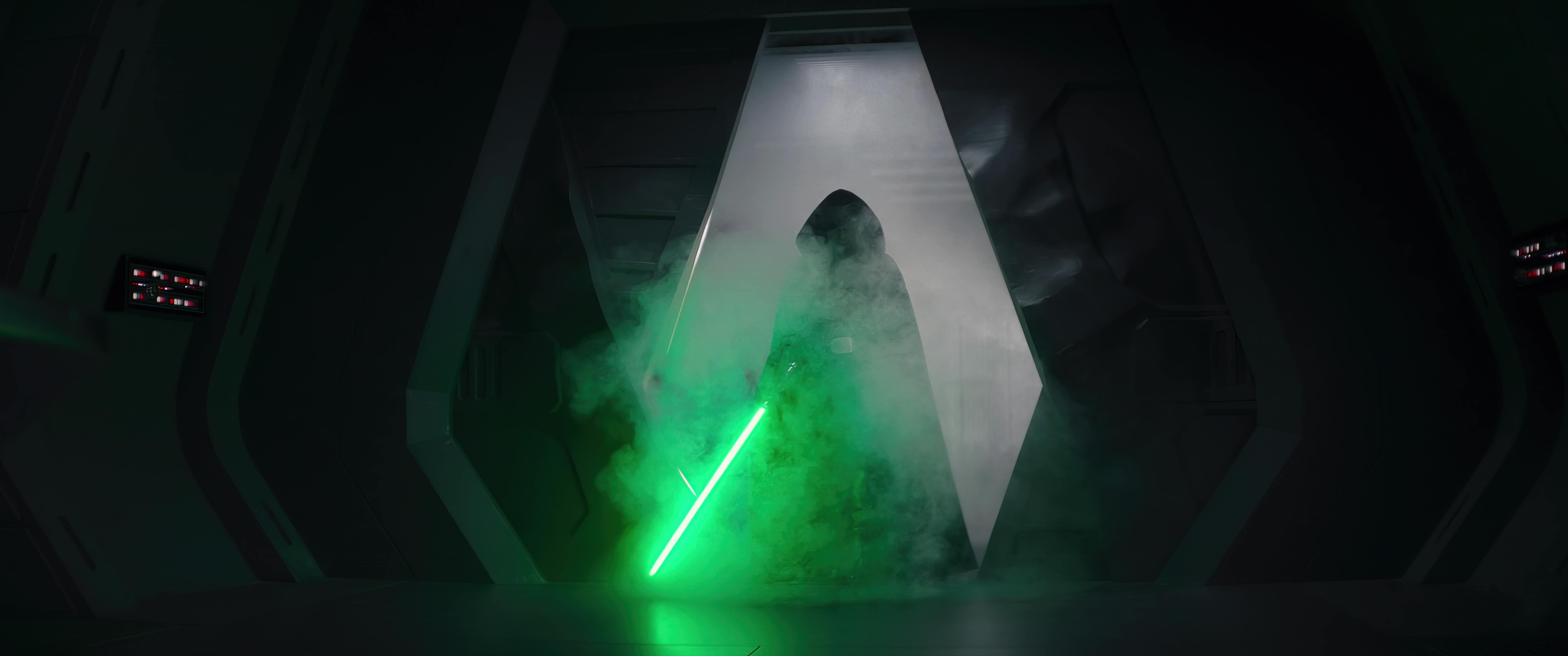 General 6880x2880 The Mandalorian Star Wars Jedi lightsaber dark side digital art hoods spaceship smoke