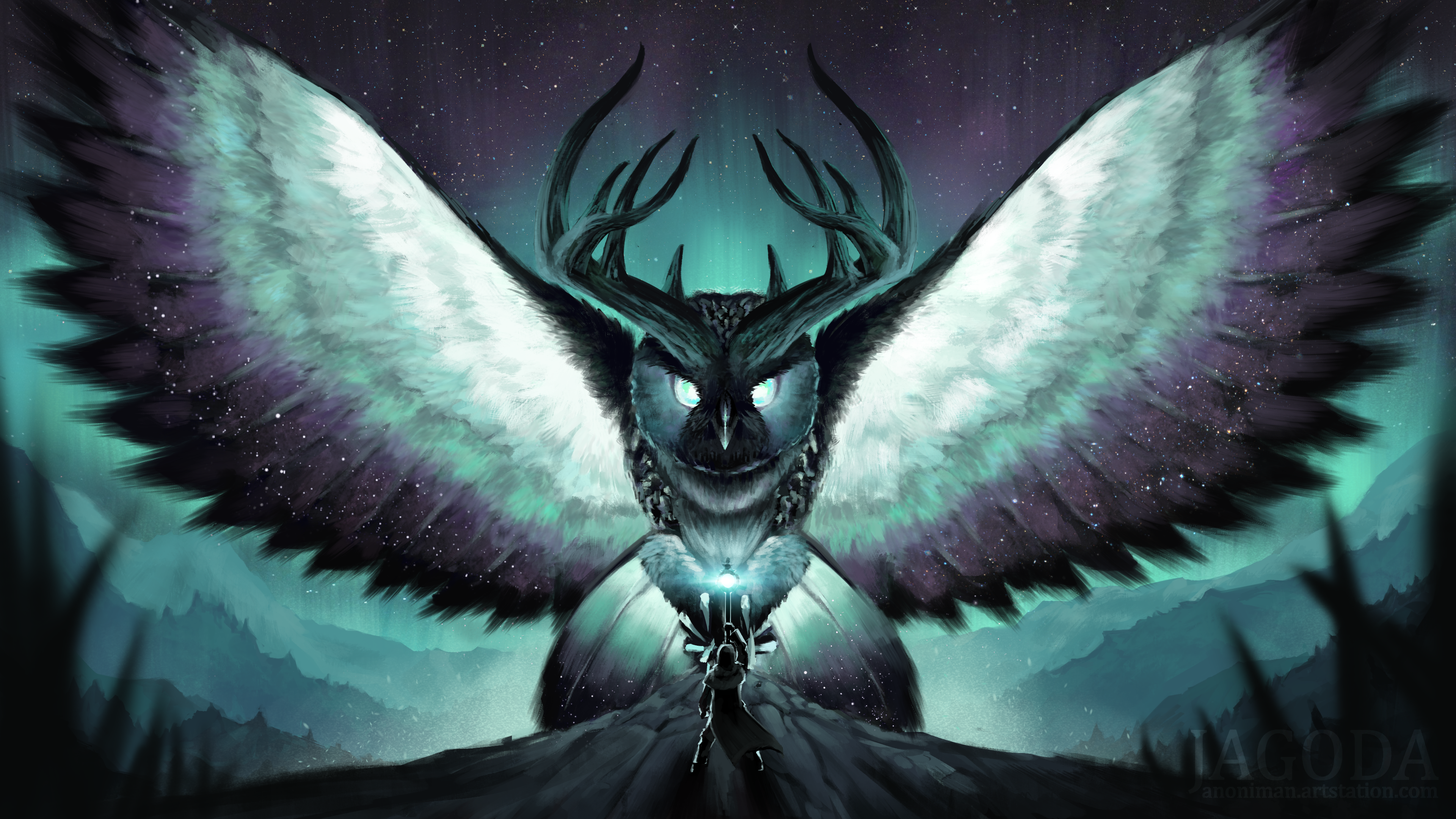General 3840x2160 Jakub Jagoda digital art fantasy art owl horns creature cyan