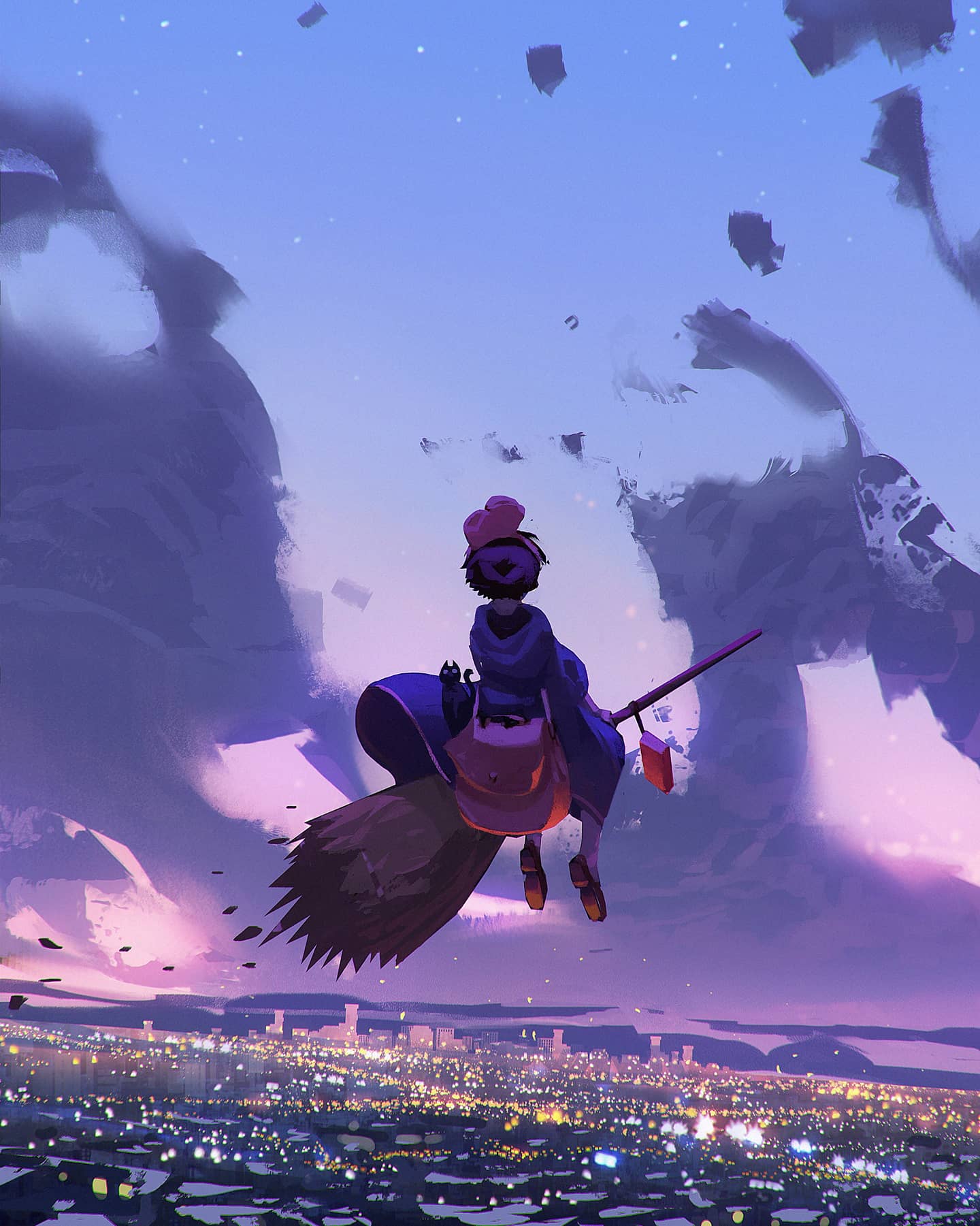 Anime 1440x1801 Kiki's Delivery Service sky clouds illustration broom witch witch's broom anime girls cityscape