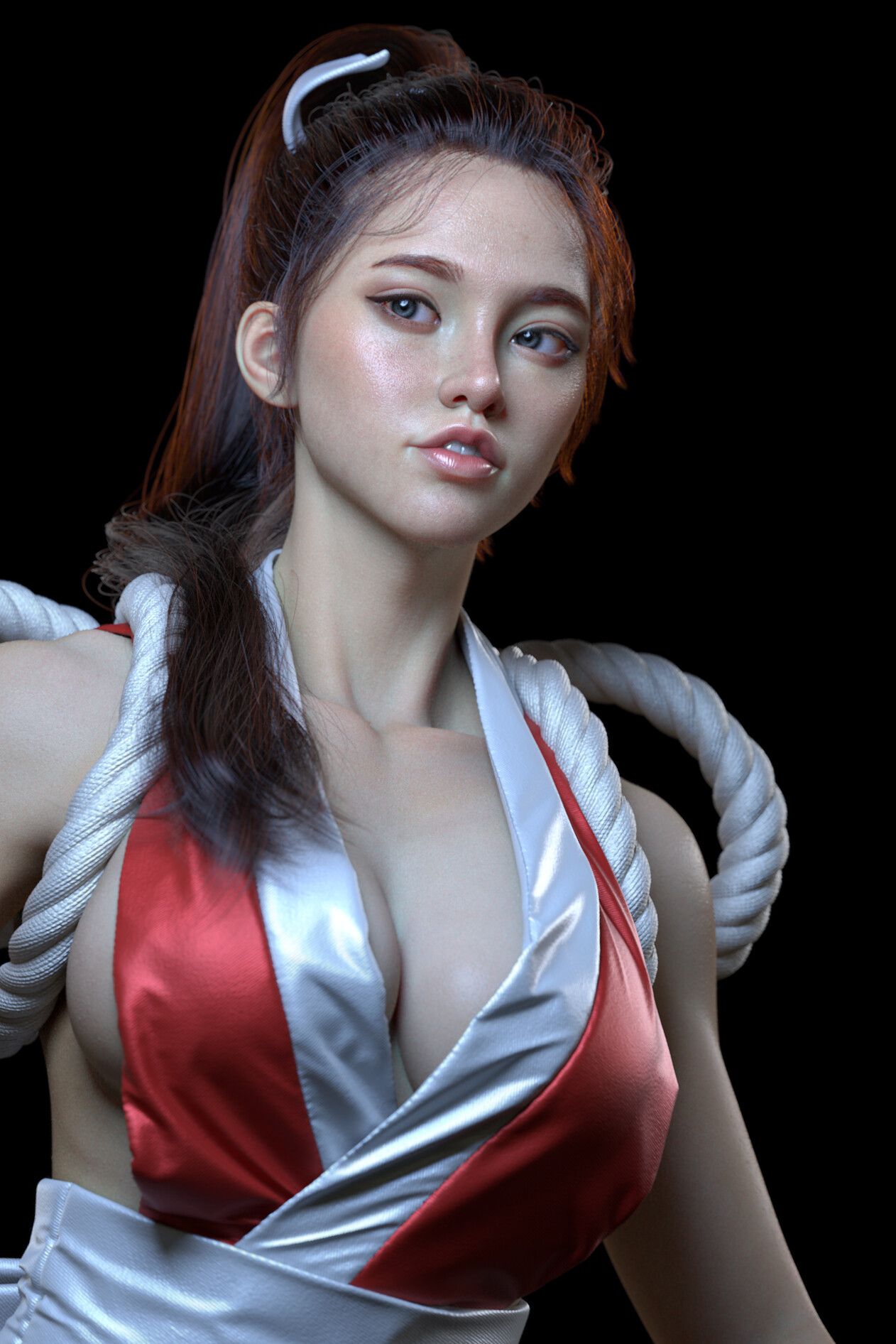 General 1262x1892 Chen Ken CGI Fatal Fury women Mai Shiranui brunette ponytail looking away cleavage sideboob ropes red clothing simple background black background