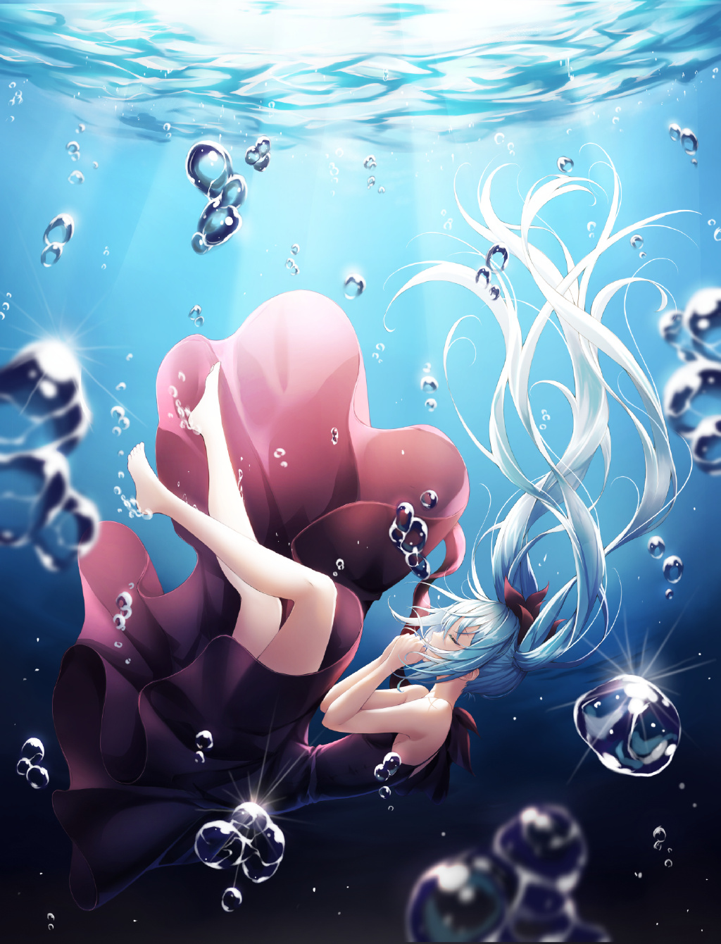 Anime 1024x1340 Dangmyo in water Hatsune Miku anime anime girls Vocaloid underwater barefoot dress blue hair