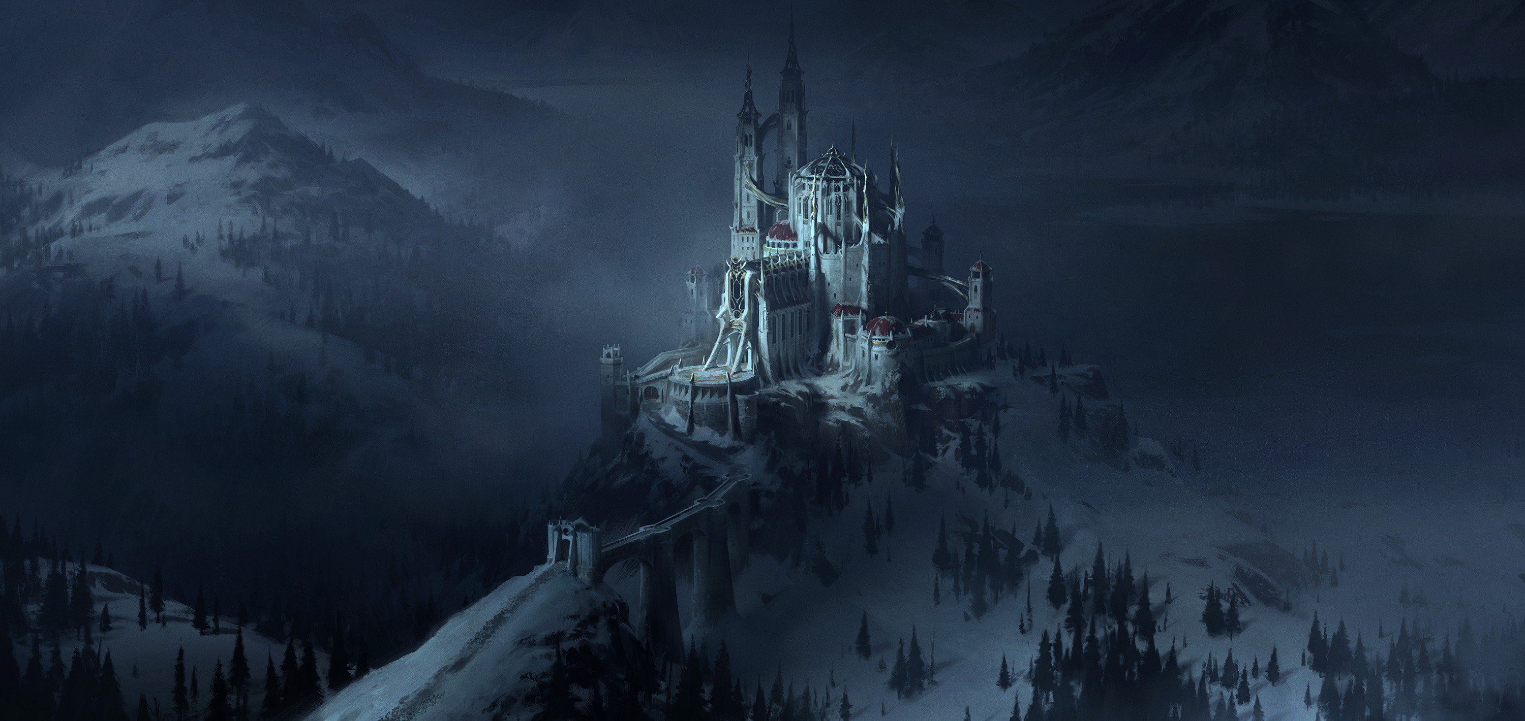 General 3000x1420 Sean Vo ArtStation castle landscape dark winter snow building fantasy art Castlevania (anime)
