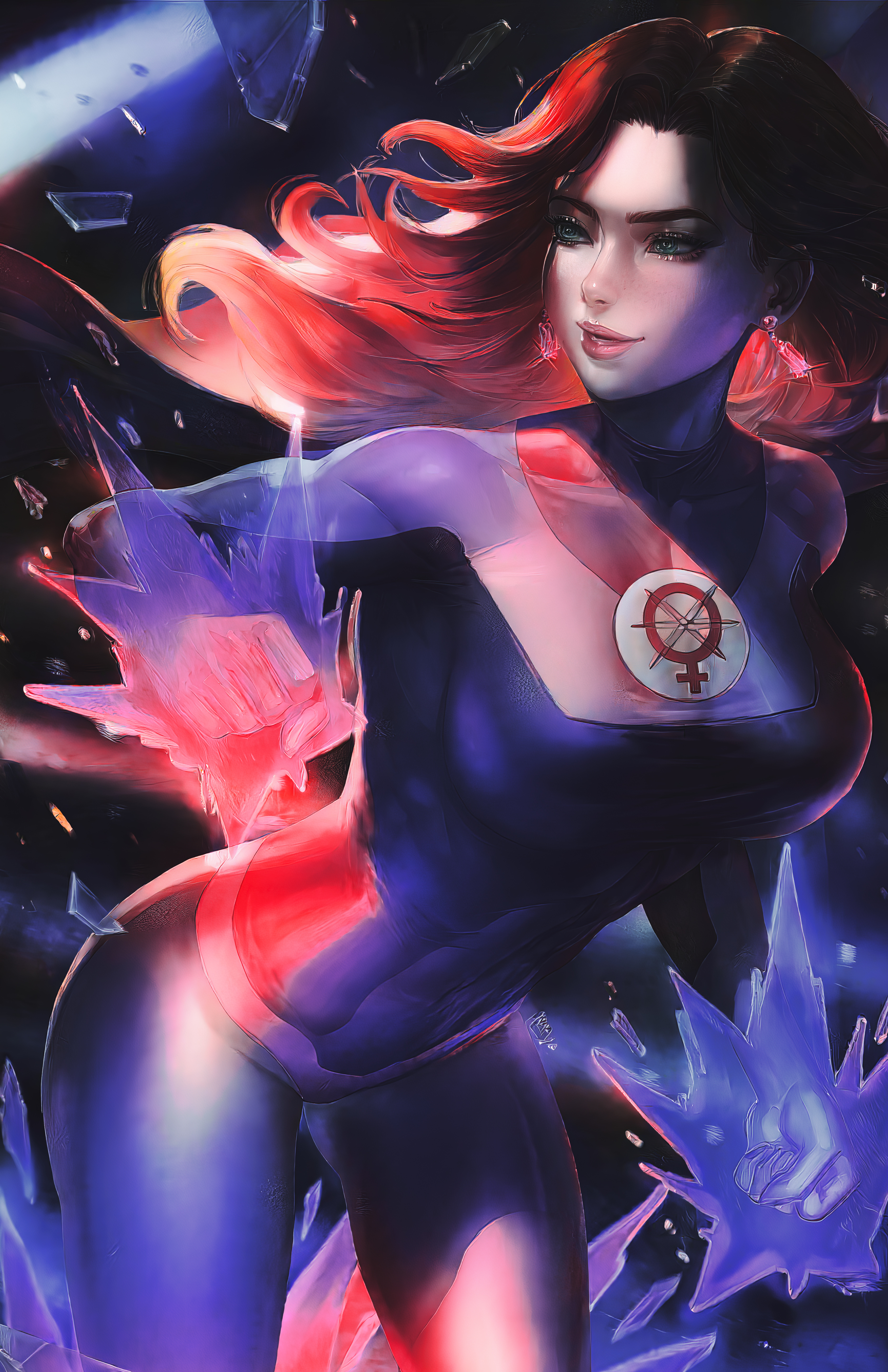 General 3379x5221 dar0z Atom Eve superheroines redhead bodysuit cape costumes artwork drawing fan art Nopeys AI art