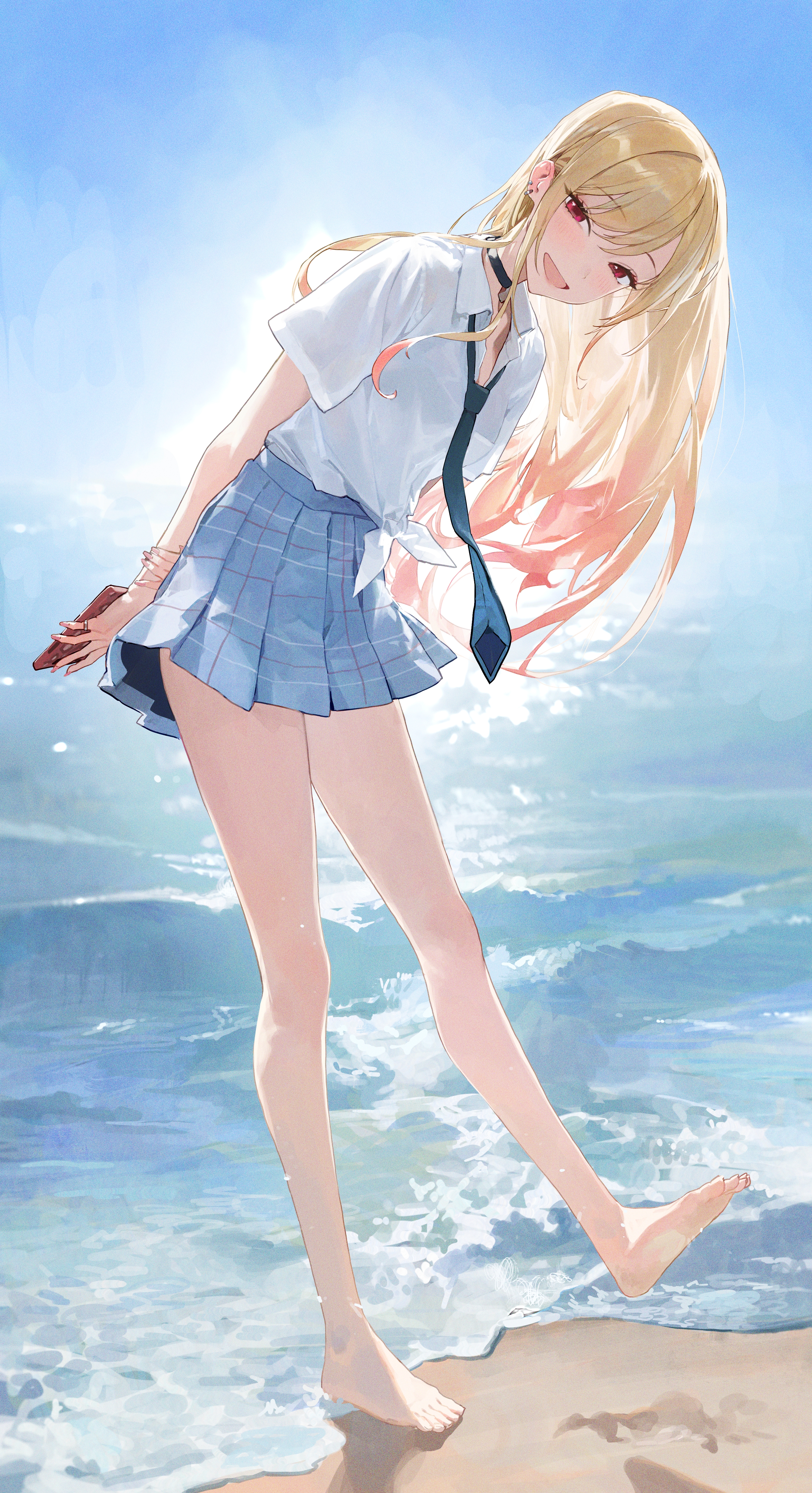 Anime 2976x5469 school uniform legs anime beach sea wet clothing Sono Bisque Doll wa Koi wo Suru Kitagawa Marin blonde women on beach barefoot anime girls looking at viewer