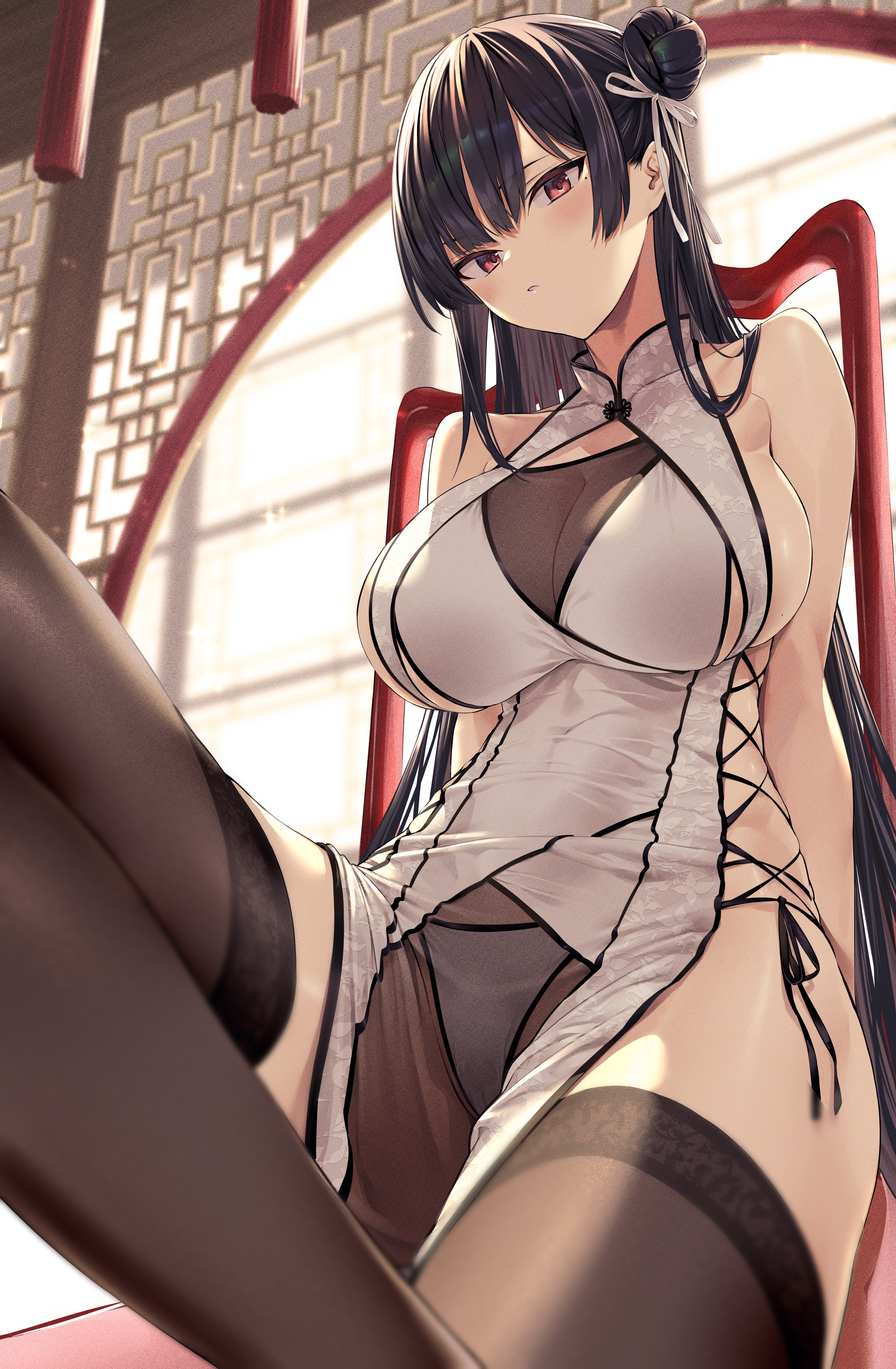 Anime 3498x5343 anime anime girls cleavage big boobs stockings red eyes see-through clothing panties no bra artwork Hiiragi Yuuichi