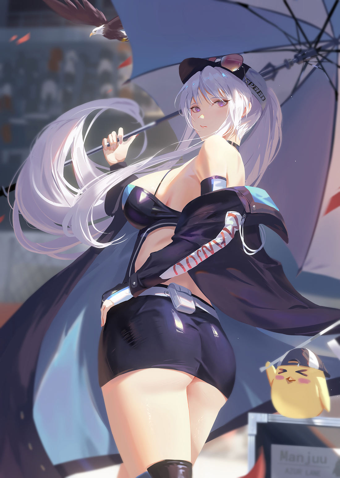Anime 1100x1547 SANSan anime girls illustration Azur Lane Enterprise (Azur Lane) sideboob Race Queen Outfit umbrella white hair long hair purple eyes looking at viewer jacket curvy bare shoulders rear view hair blowing in the wind wide hips ass