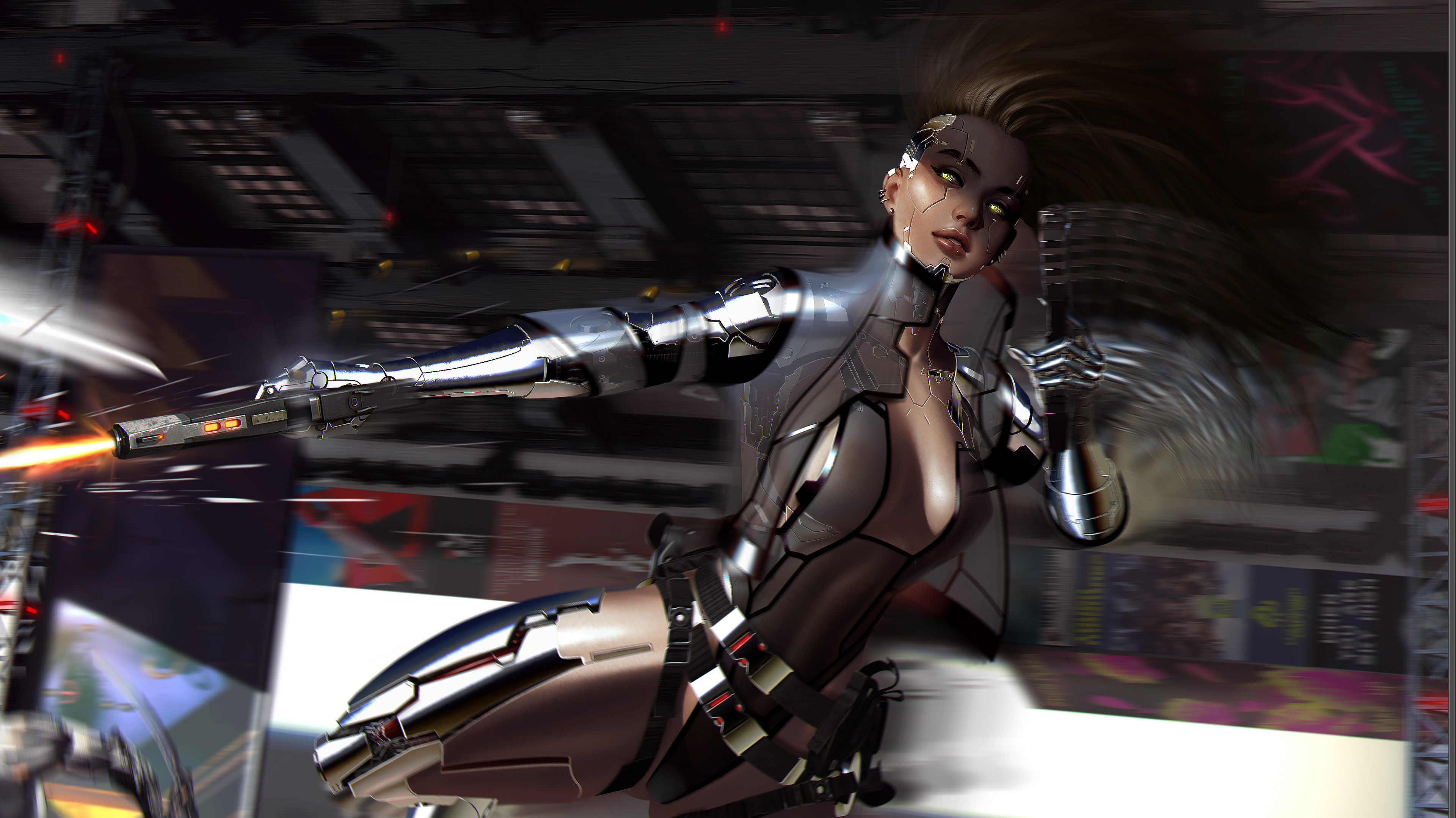 General 3840x2160 Cyberpunk 2077 cyberpunk girls with guns Fly looking at viewer CGI digital art katana